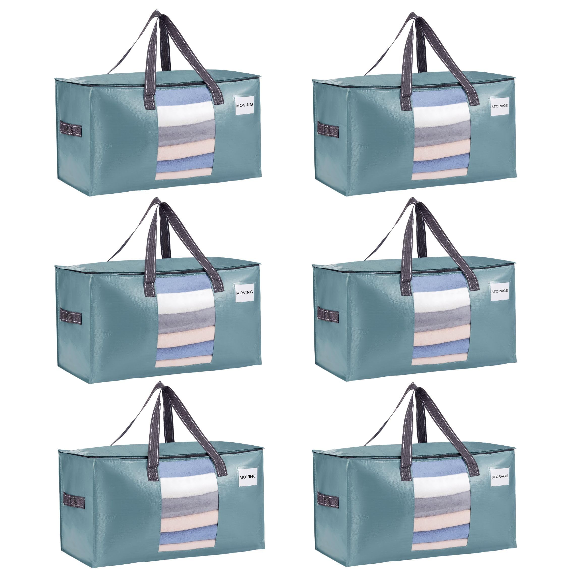 VENO Large Heavy-Duty Moving Bags with Window, Organizer Foldable Storage Box, College Dorm Clothes Collapsible Bins, Packing Supplies Under Bed Storage Tote Bags (Shiny Light Blue, 2 Pack)