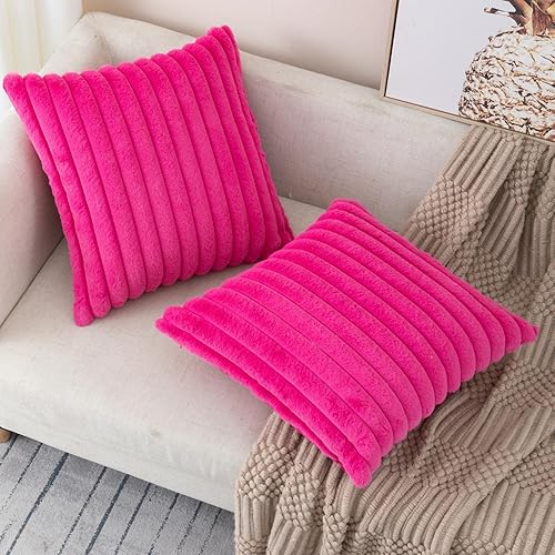 Miniatura 5 de ZLINA Juego de 2 fundas de almohada de felpa de piel sintética de color rosa intenso, fundas de cojín mullidas a rayas, 12 x 20 pulgadas, decoración