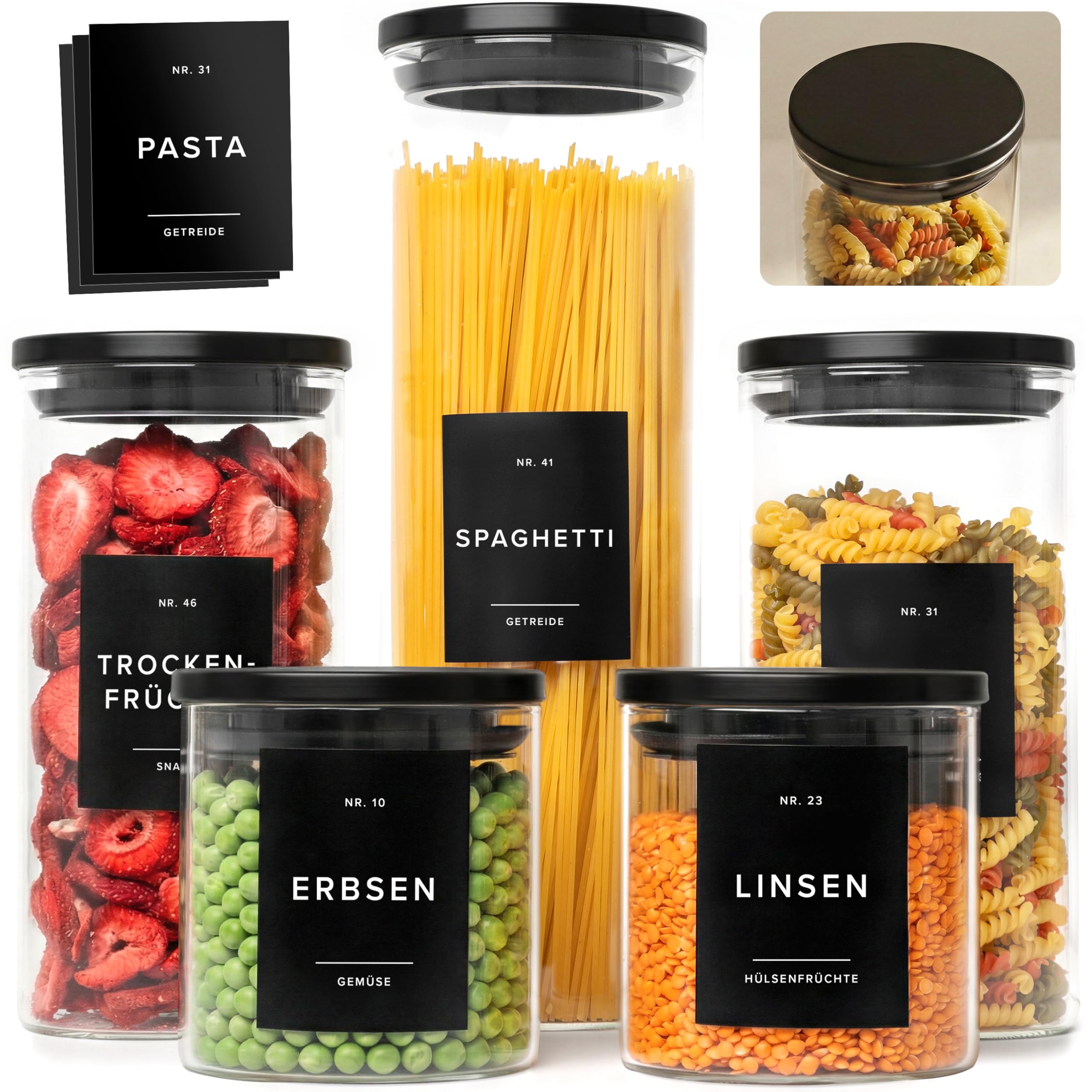EDELHAUS Vorratsgläser mit Deckel Schwarz (5er Set) Vorratsdosen Glas mit Deckel & 54 Etiketten – Voratsbehälter Set Küchen Organizer für Mehl Zucker Nudeln Kaffee Tee und mehr