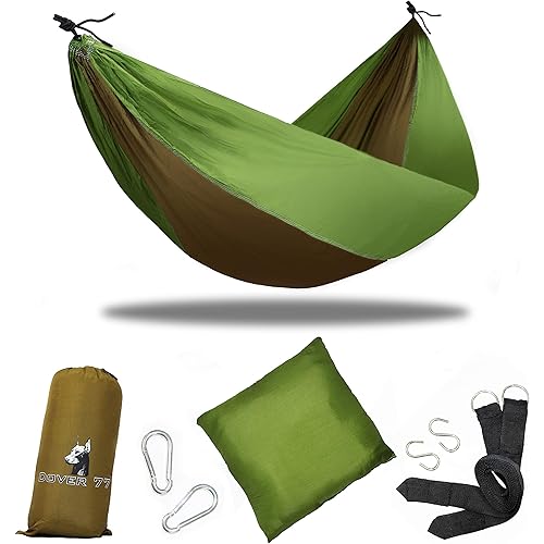 Dover 77 Camping Hammock Single Portable Nylon Parachute Lightweight with Pillow, Tree Straps, Accessories for Indoor Outdoor Backpacking, Travel, Hiking, Beach, Camp.
