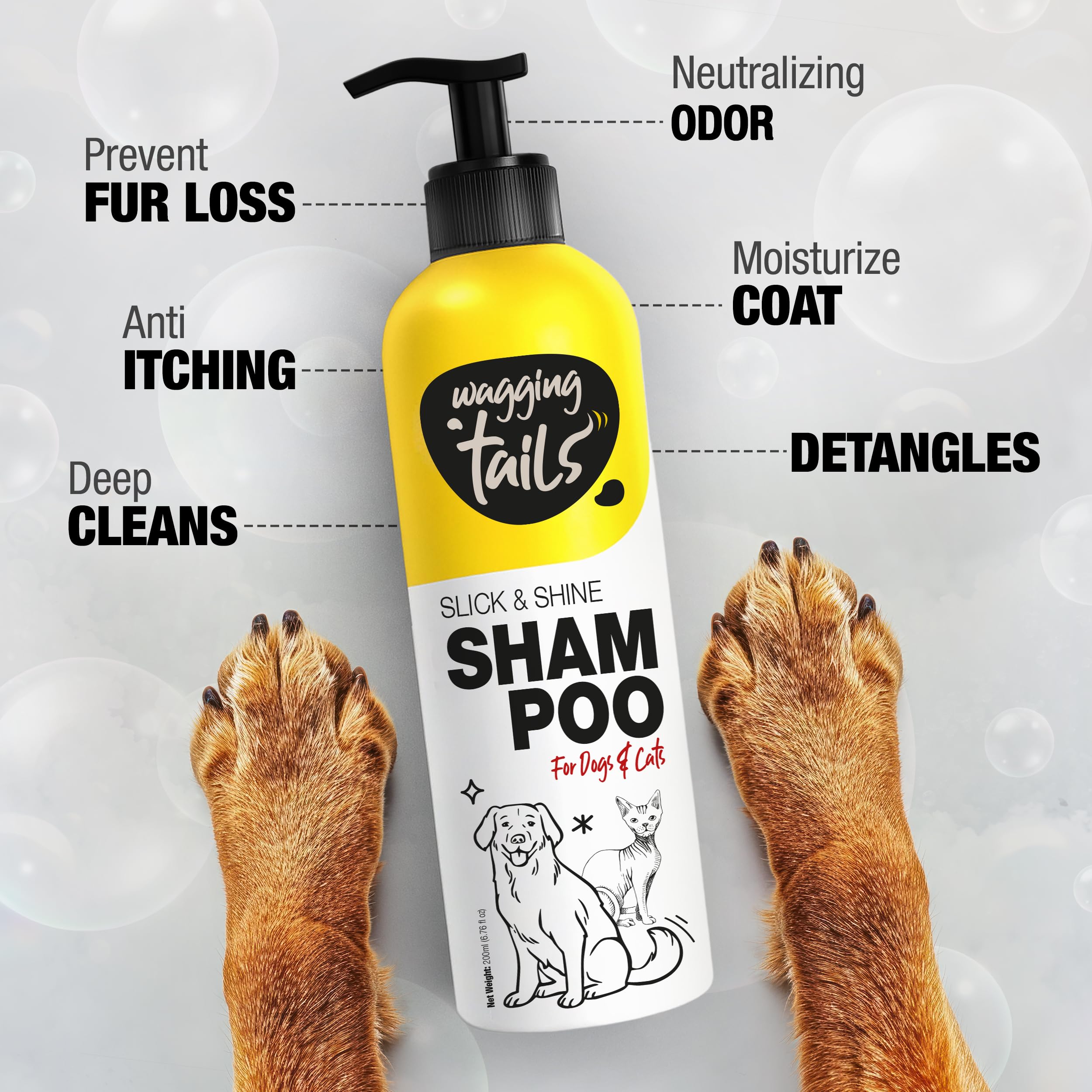 Wagging Tails Slick & Shine 5-in-1 Pet Shampoo - 200ml | Deodorize & Moisturise Furr | Remove Dirt & Help Repair Damaged Hair | Anti-Itching & Anti-Dandruff Deep Cleanser | For Dog & Cat of All Breeds 1