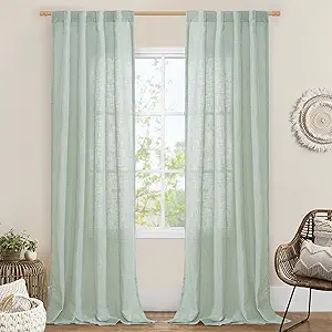 LAMIT Light Sage Linen Curtains 84 inch Length 2 Panels, Light Filtering Semi Sheer Panels Back Tab and Rod Pocket Neutral Drapes for Bedroom/Living Room, 34 x 84 Inch