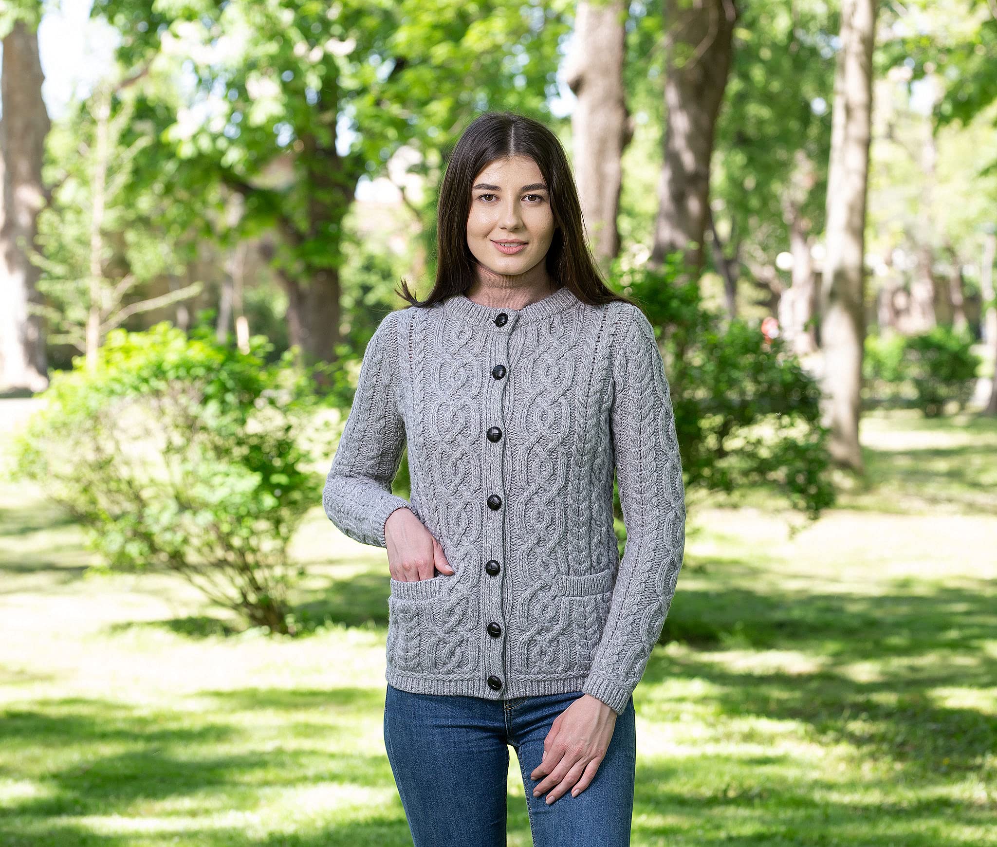 SAOL Chaqueta de punto 100% de lana merina, con botones irlandeses, chaqueta de madera con bolsillos