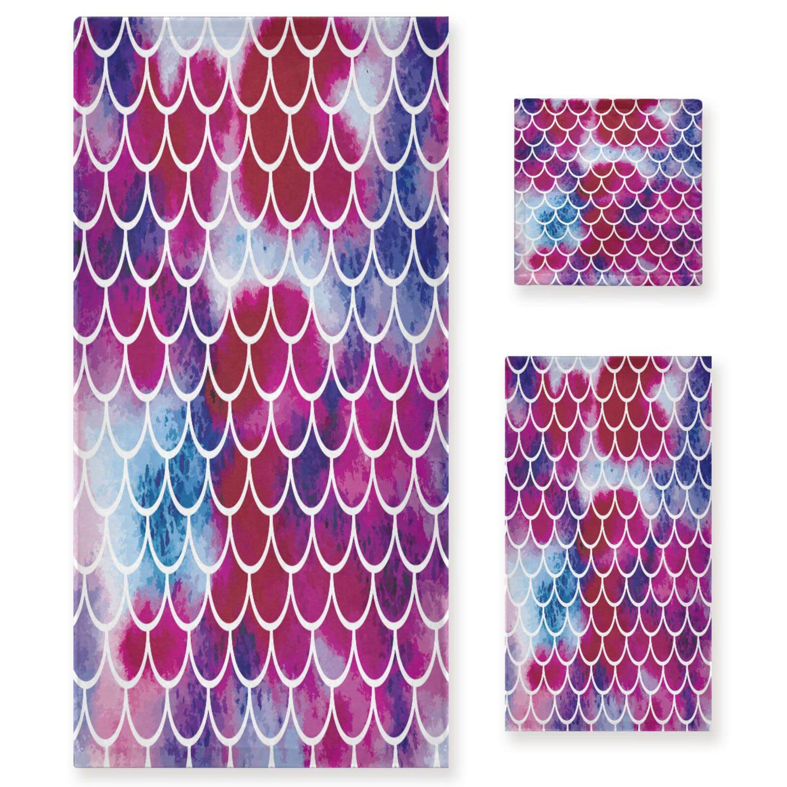 Coloridas Escamas De Pescado Hermosa Juego de Toallas Para Baño Playa 100% Algodón de Piscina Toalla (1 Toalla de Baño y 1 Toalla de Mano y 1 Paño de Lavado)Para Nadar Hotel Niñas Niños Niños