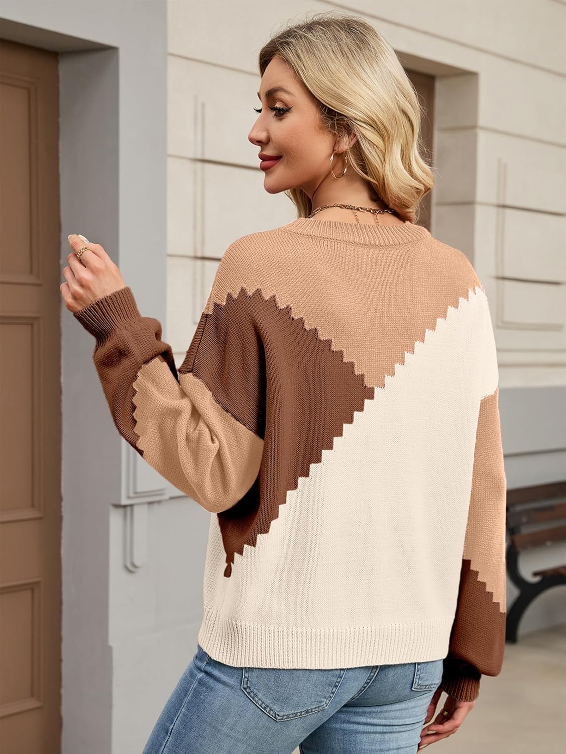 SunnyMelody Womens Oversized Color Block Crew Neck Sweater Fall 2025 Trendy Ribbed Knit Long Sleeve Pullover Tops - Image 3