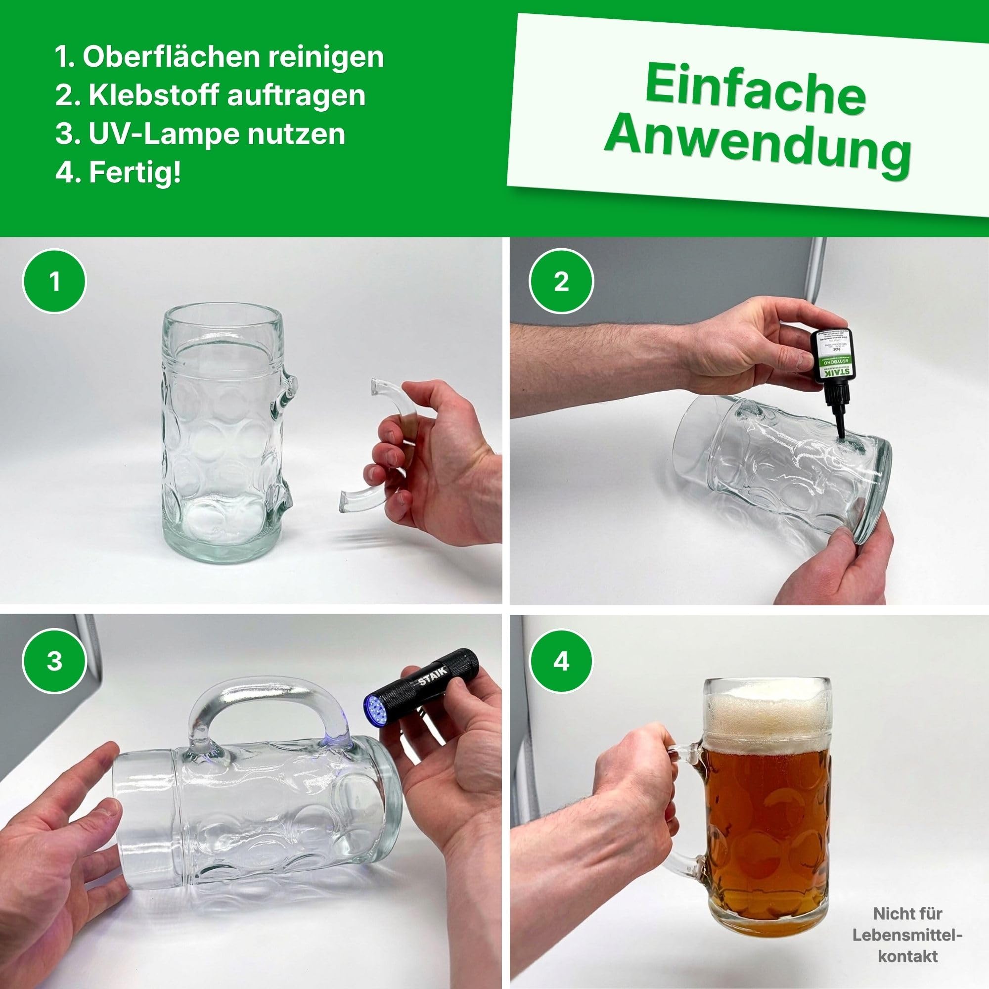 STAIK Acrybond UV-Kleber Glas Metall [16g] – Hochfester Glaskleber mit UV-Lampe | Für Glasreparatur, Möbel & Modellbau | Glasklar härtend in Sekunden | Made in Germany