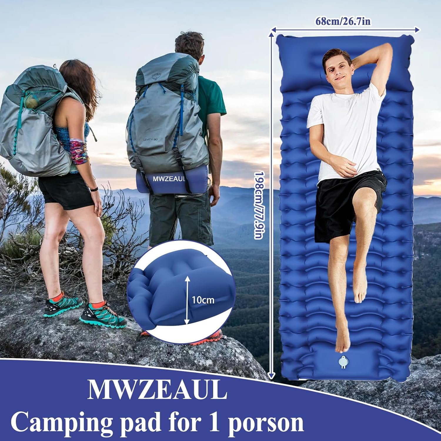 Selbstaufblasende Isomatte Camping, Isomatte Ultraleicht mit Fußpumpe & Kissen | Luftmatratze Kleines Packmaß, wasserdichte Reisematratze für Camping/Trekking/Angeln/Winter inkl. Reparaturset