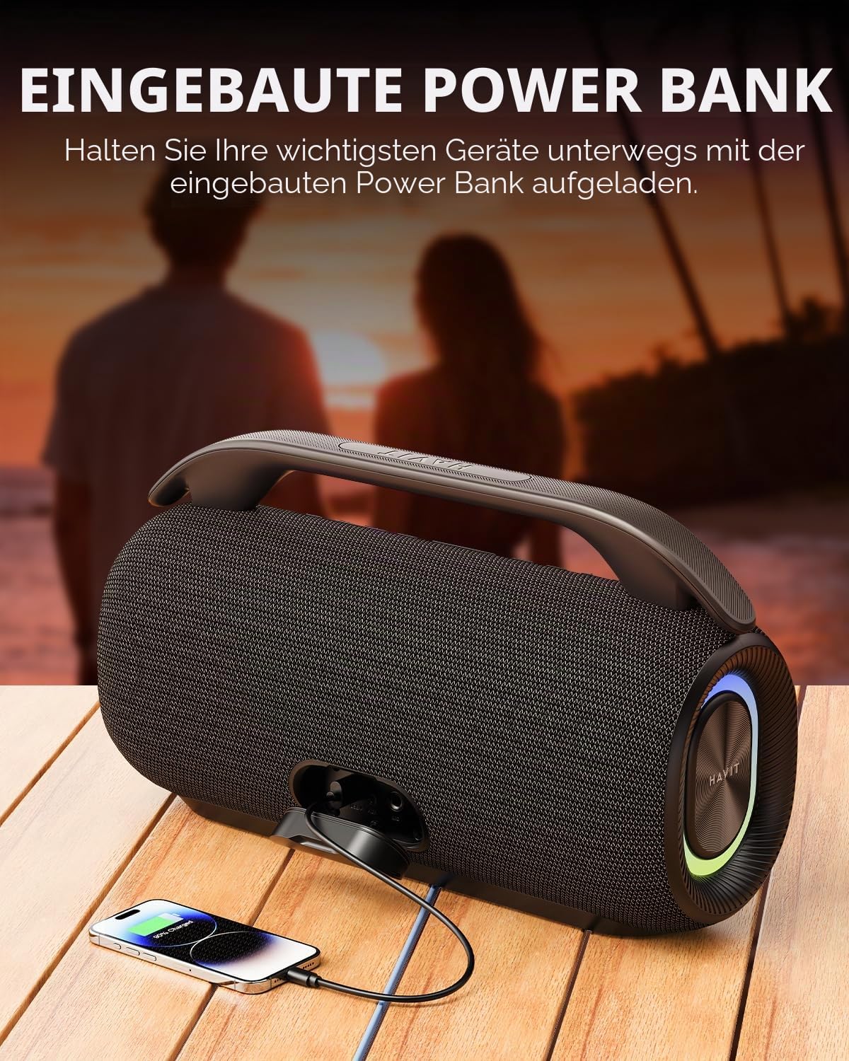 havit 120W MAX Outdoor Lautsprecher, IPX6 Wasserdichter Tragbarer Bluetooth Lautsprecher mit 2.2 K, 16H+ Spielzeit, RGB-Lichter, USB-C, Powerbank, Custom EQ, AUX/DSP für Camping, Strand, Garten