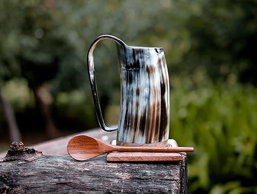 Miniatura 6 de Taza de café con cuerno vikingo, 12 onzas, cuchara de madera y cuchara de madera, juego de 3 piezas, tazas de cuerno de buey para beber de forma