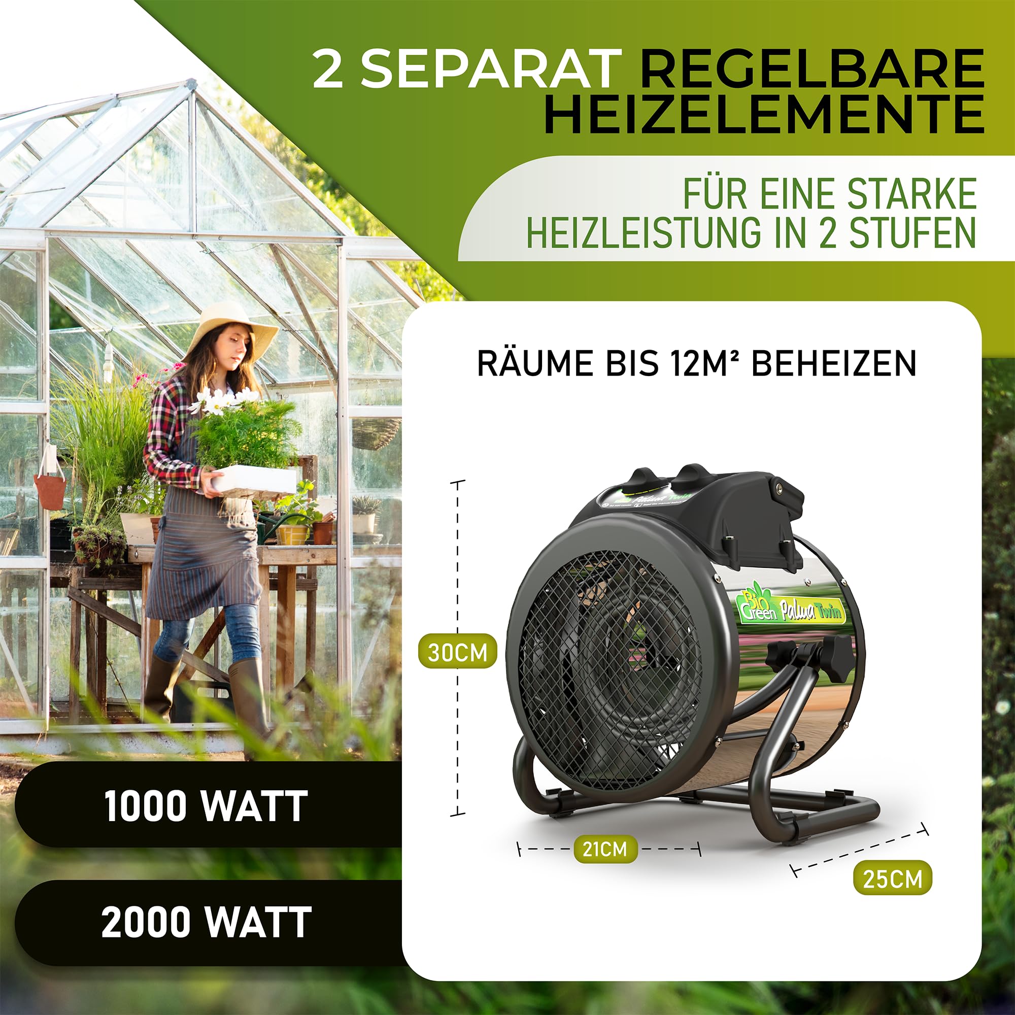 Bio Green Elektro-Gewächshausheizung Palma Twin mit manuellem Thermostat | 2 x 1000 Watt | 163 m³/h Luftumwälzung | Umluft-Modus | Edelstahl-Gehäuse