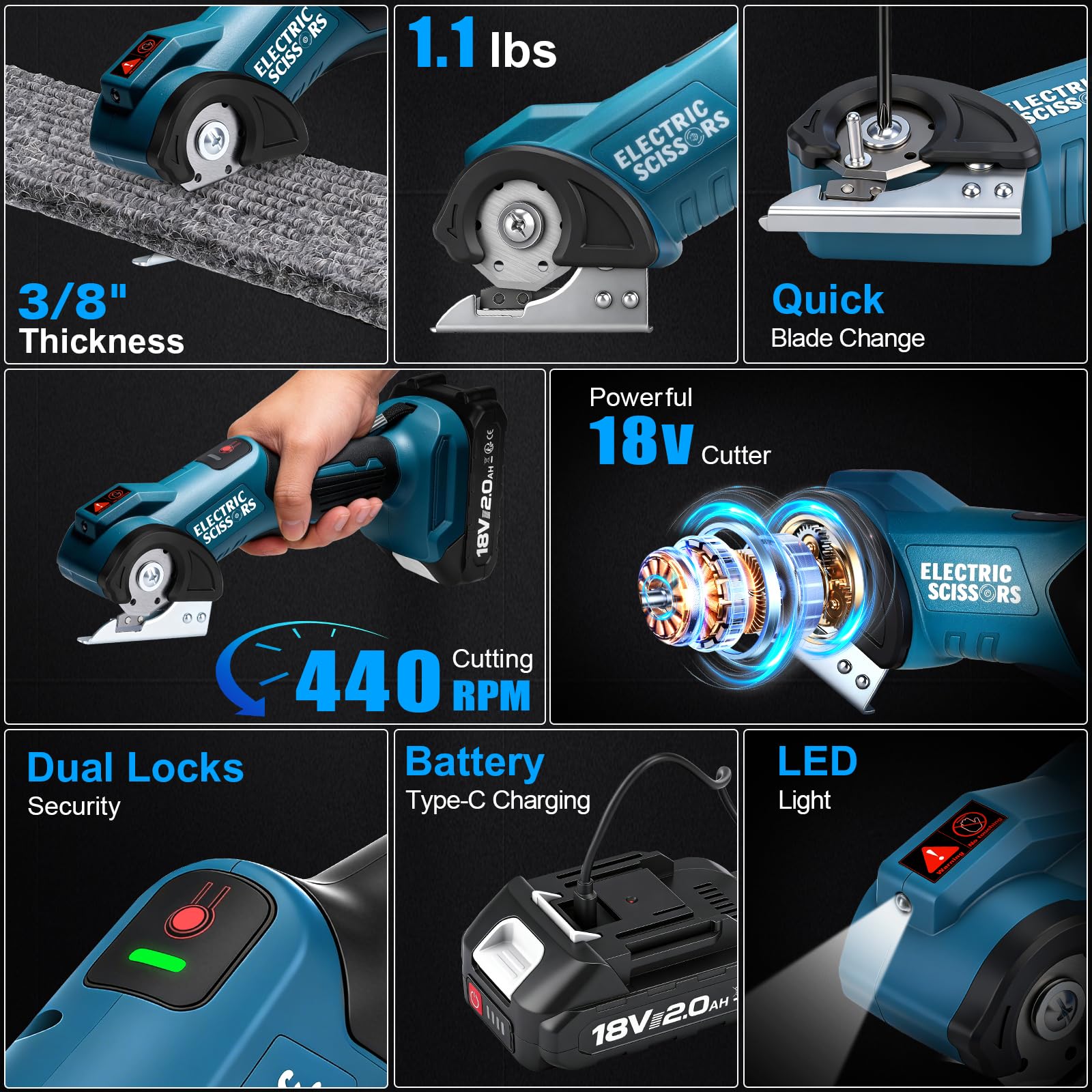 Forbici Elettriche Senza Fili, Profondità di Taglio 9 mm, 440 giri/min | Cutter rotante elettrico con batteria da 2000 mAh, 2 lame, display LED, compatibile con batteria Makita 18 V