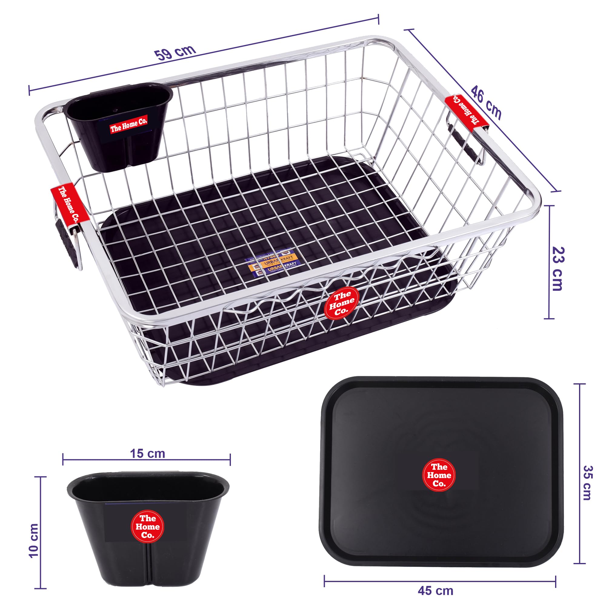 The Home Co. Stainless Steel 59x46x23cm Dish Drainer Basket with Drainer Tray & 1 Spoon Holder I Utensils After Wash Bartan Tokri - Image 2 thumbnail