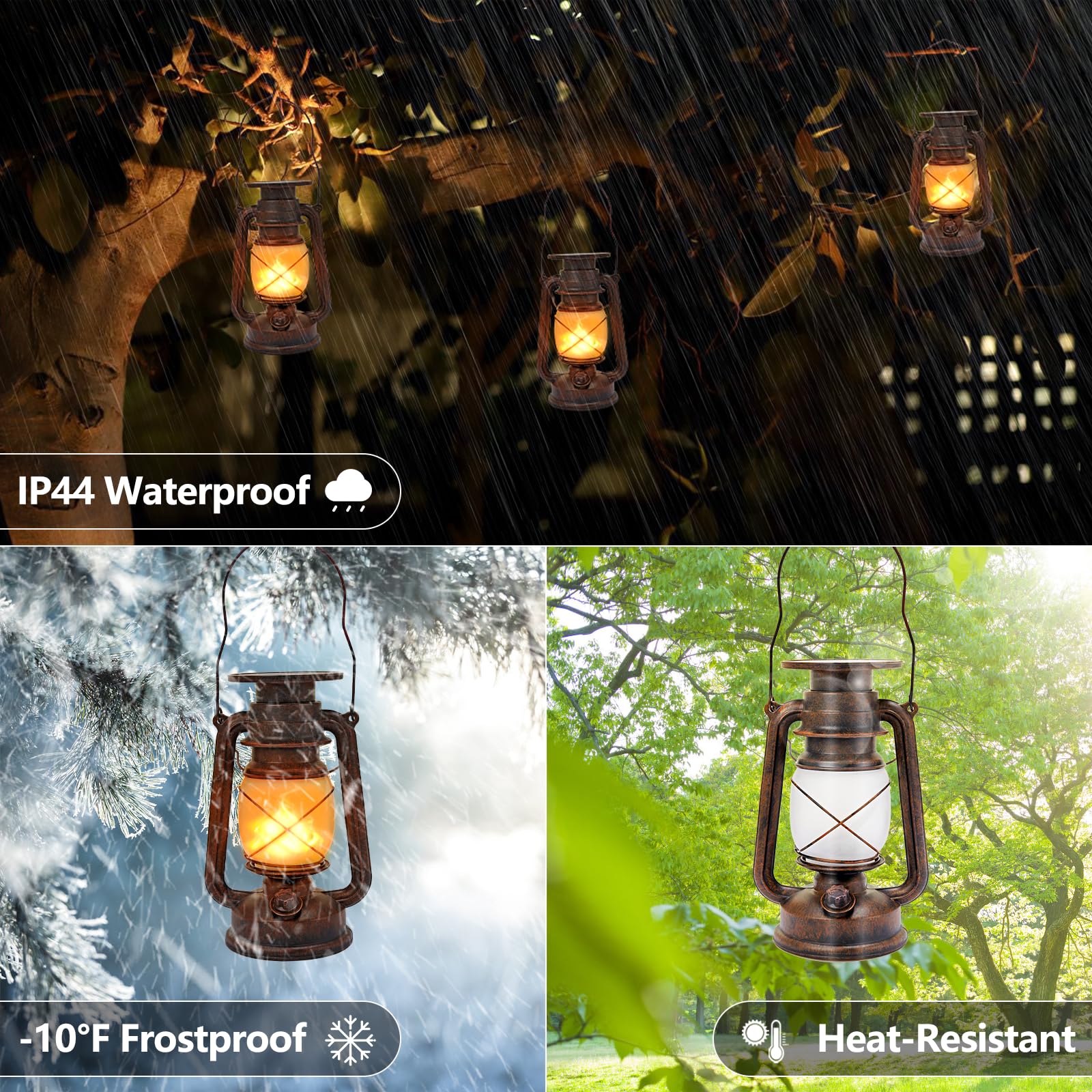 Vintage Solarlaterne für Außen, 2 Stück LED Solar Hängelampe mit Flammen Effekt, Wasserdicht, für Garten Camping