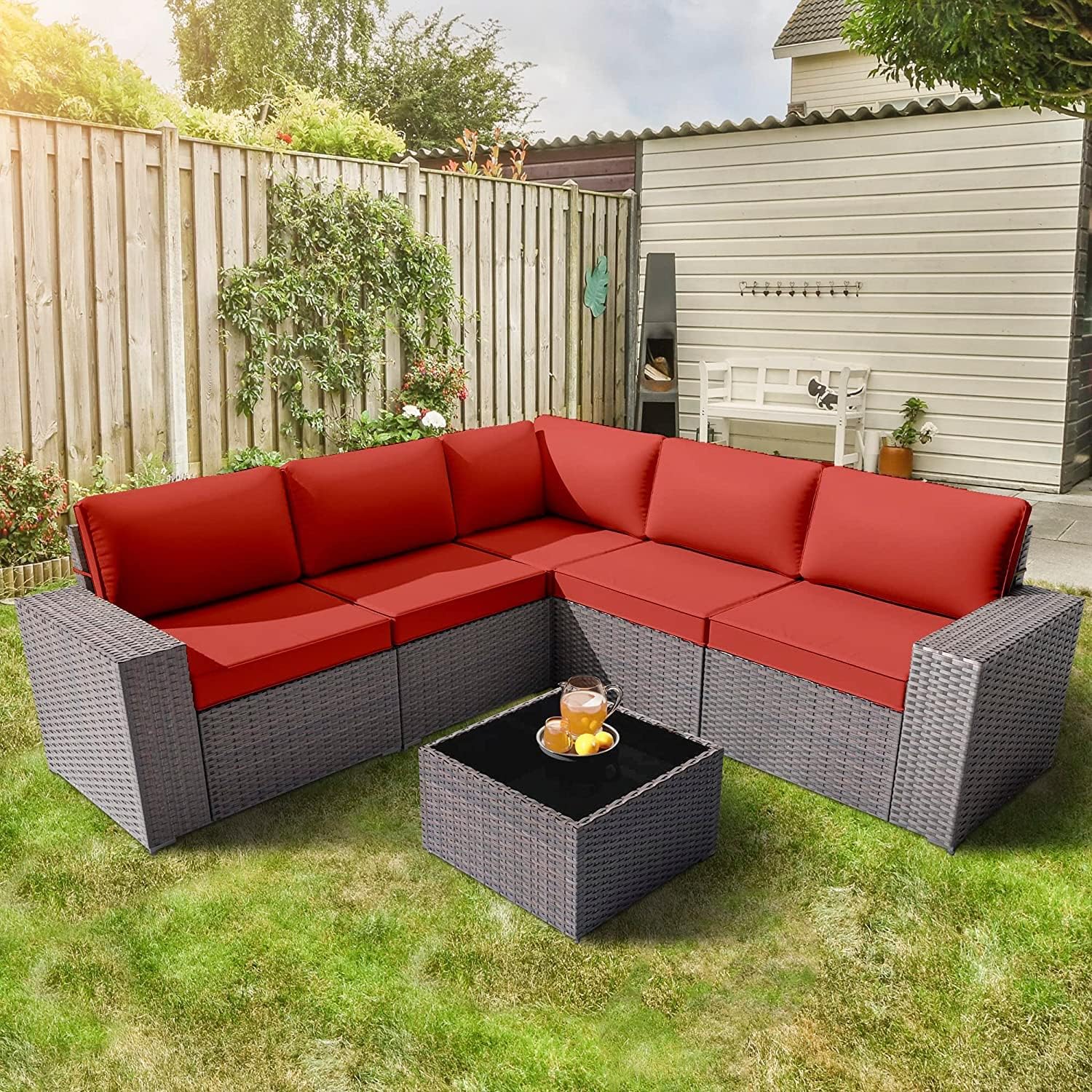 Grezone 6 Pieces Patio Outdoor Furniture Sets All Weather Wicker Sectional Sofa Couch Lawn Sectional Furniture with Washable Couch Cushions and Black-Glass Table (Blue) : Patio, Lawn & Garden