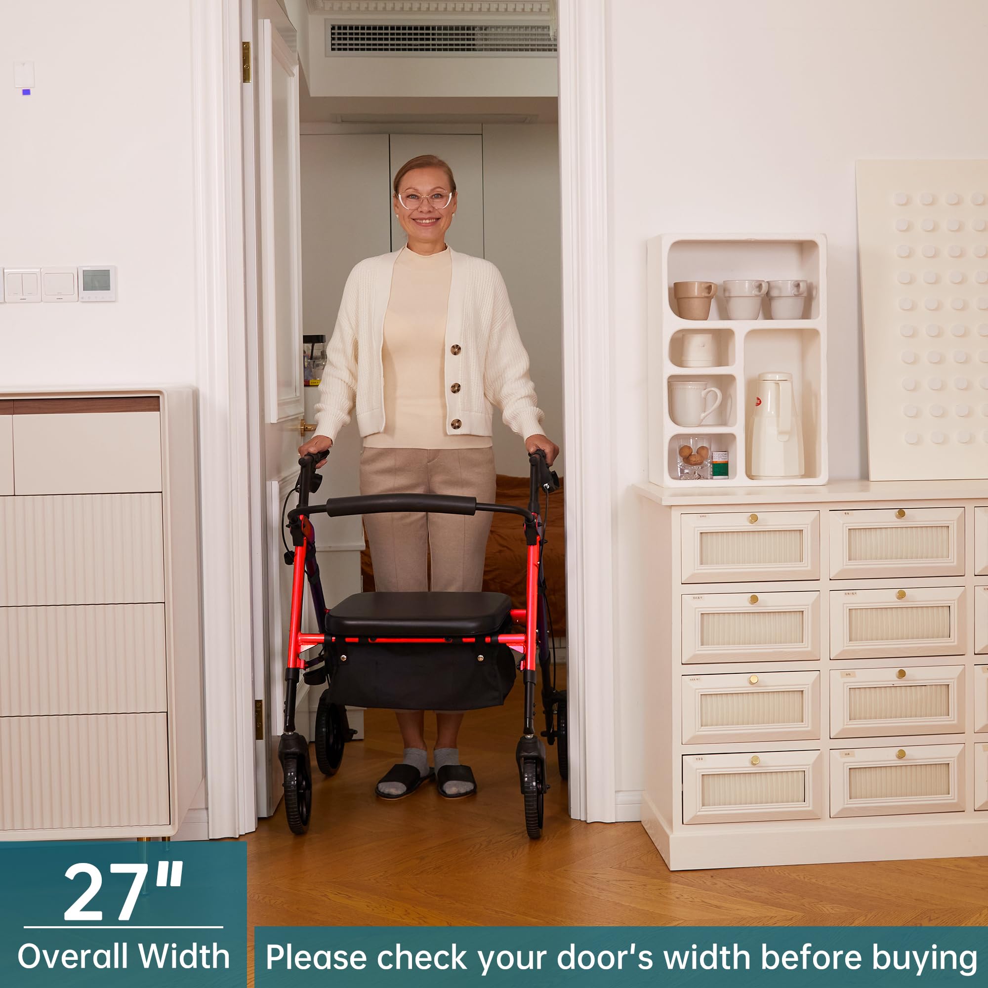 ELENKER Heavy Duty Rollator Walker with Extra Wide Padded Seat and Backrest, Aluminum Bariatric Rolling Walker, 10” Wheels, Support up to 500lbs for Seniors, Red