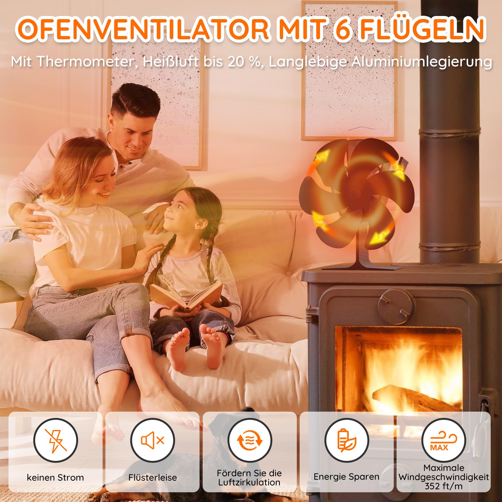 Mia&Coco Ofenventilator ohne Strom 6 Flügel, Kaminventilator Magnetisch Ofenventilator Leise, Ventilator für Kaminofen, Kamine Ofen Wärmebetriebener, Zirkulation Warmer Luft, Sparsam, Schwarz