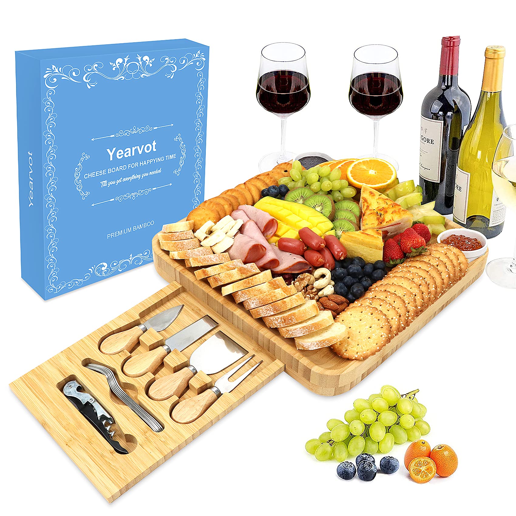 Yearvot Cheese Board and Knife Set, Charcuterie Platter Bamboo and Serving Tray for Wine, Crackers, Brie and Meat, Cheese Plate Cutting Set for Wine Opener, Gift for Housewarming, Birthdays, Wedding