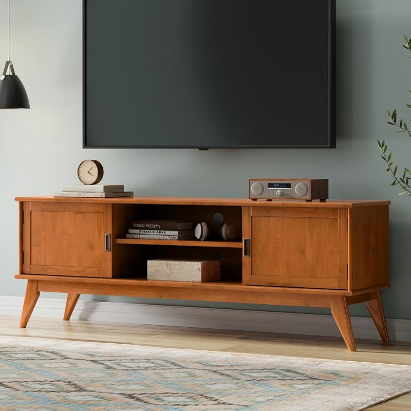 SIMPLIHOME Draper 72" Wide Solid Wood TV Stand in Teak Brown image 2