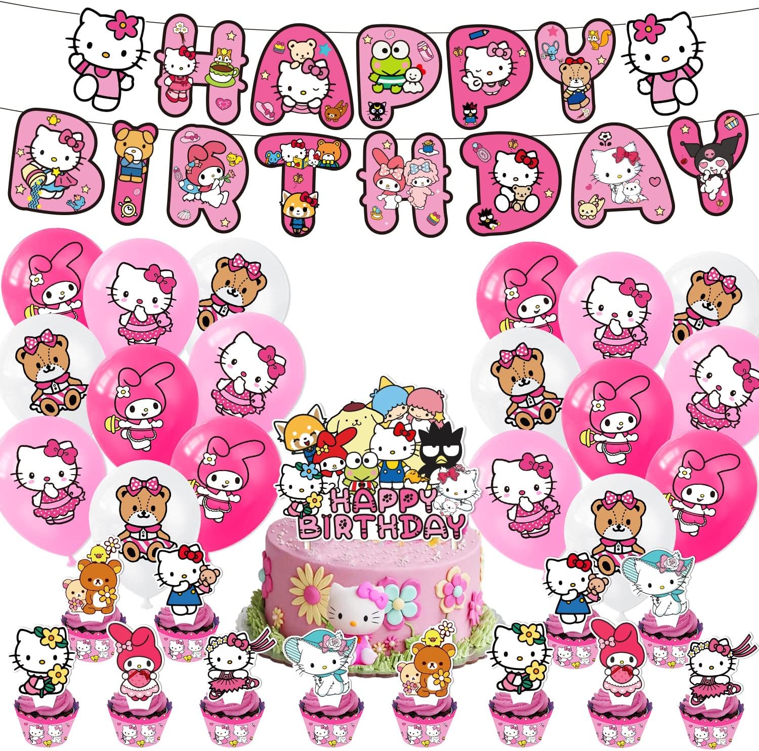 Cute Kitten Cat birthday decorations Cartoon Party Supplies Include Happy Birthday Banner Cake Topper Balloons Cupcake Toppers invitation card Cat Party Decorations for Girls ( Set A)