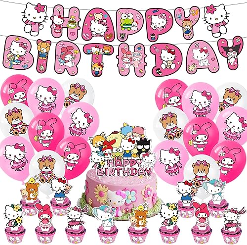 Miniatura 1 de Decoraciones de cumpleaños de Hello Kitty suministros de fiesta de dibujos animados incluyen pancarta de feliz cumpleaños para pasteles decoración