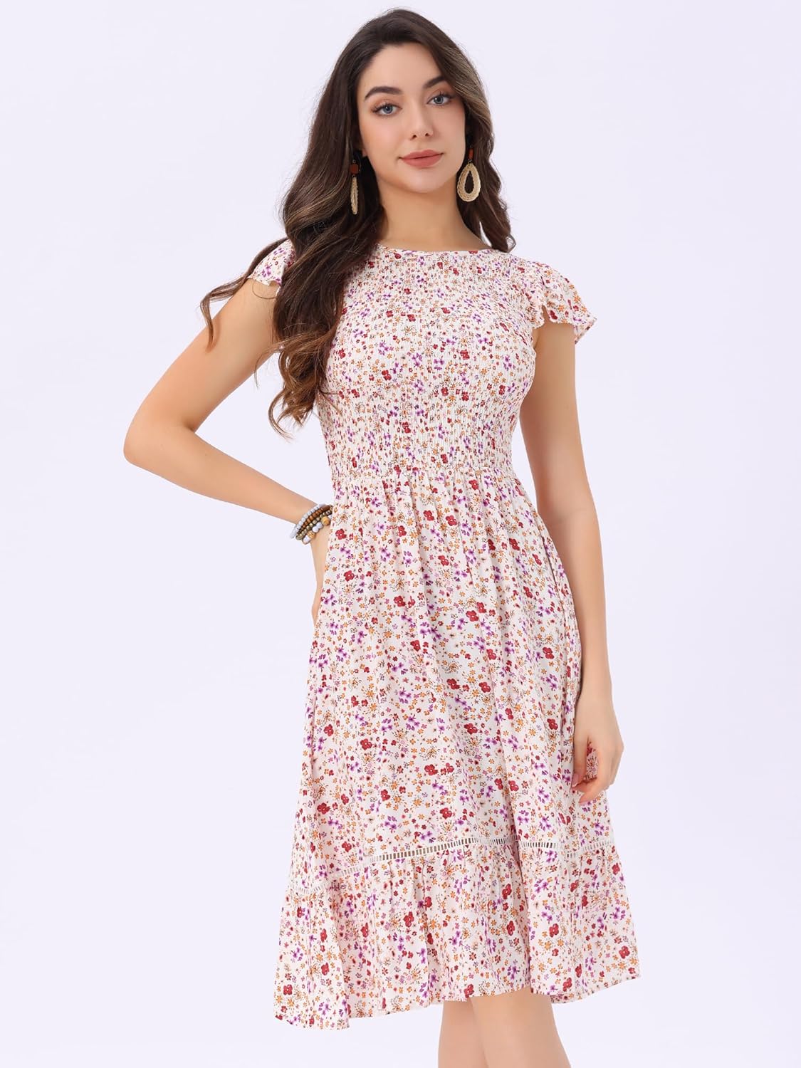 Allegra K Midi Dress for Women's Smocked Floral Fit and Flare Dresses - Image 4