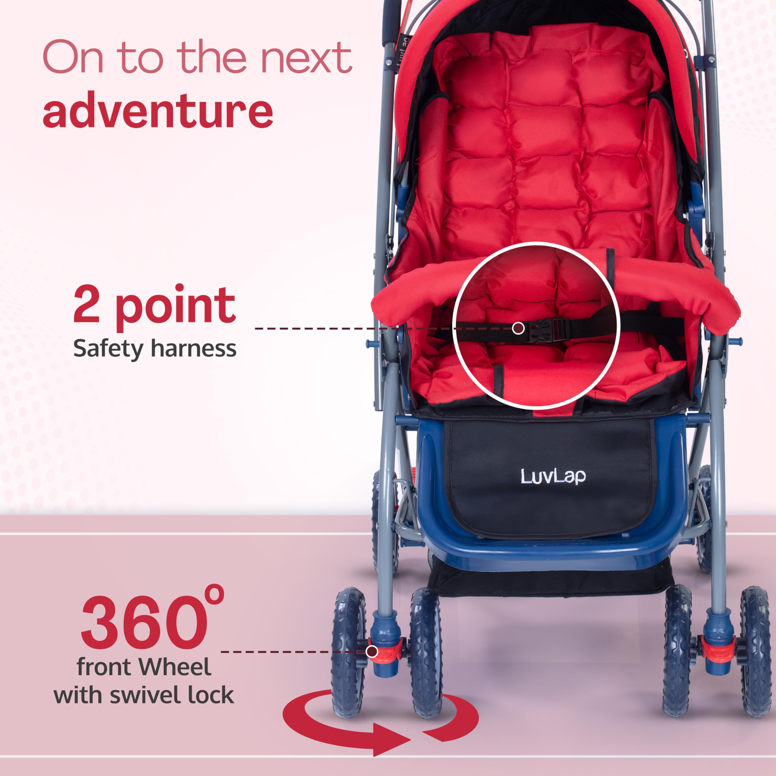 LuvLap Starshine Baby Stroller/Pram for 0 to 3 Years, New Born/Toddler/Kid, Lightweight, Adjustable backrest, 360° Swivel Wheel, Large Storage Basket, Reversible Handlebar (Red) 4