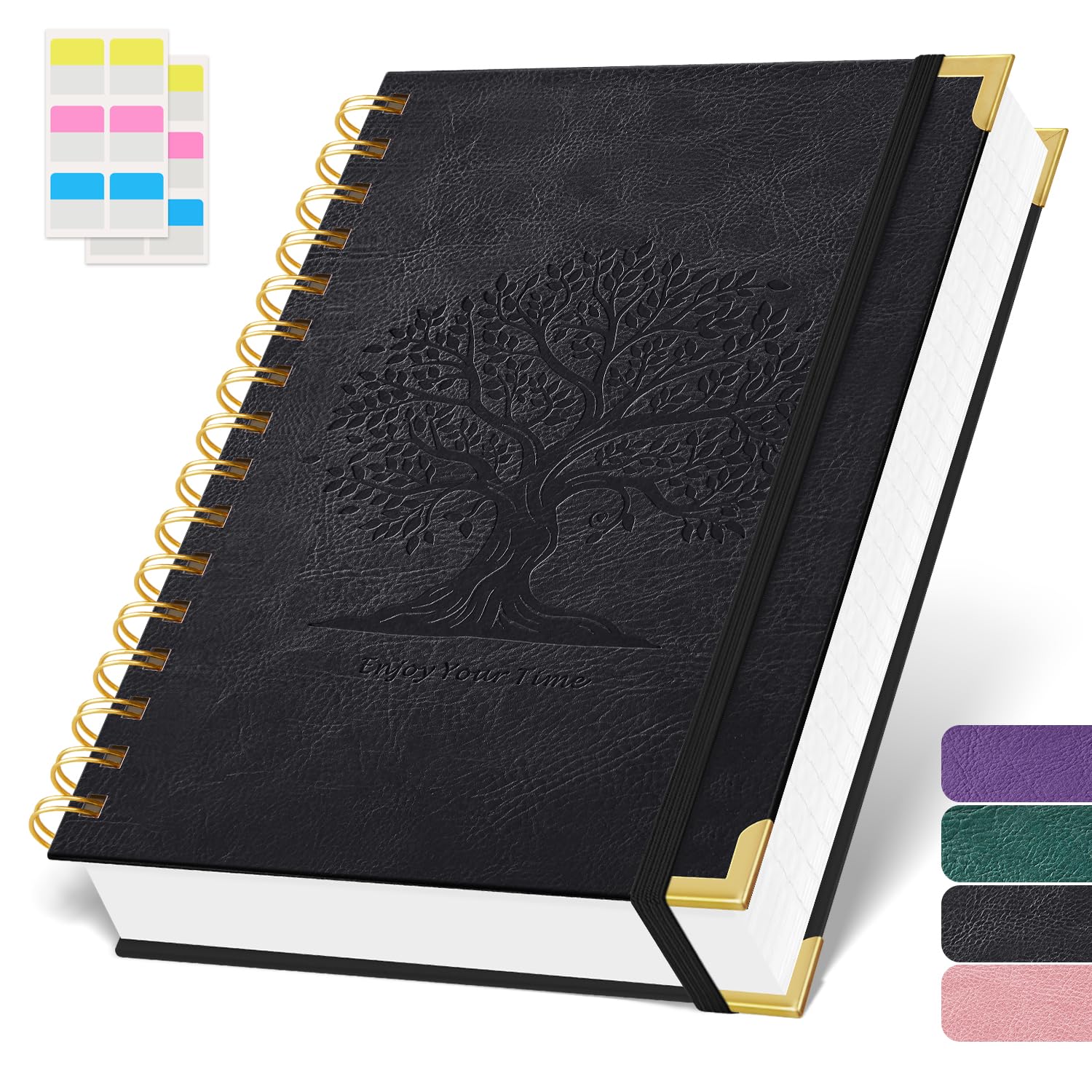 ROBCURSE Notebook A5, Spiral Notepad with 300 Pages/150 Sheets Lined Paper, 100GSM Thick Paper, No Bleed, Hardback Tree Embossed Leather Cover, Lined Journal for Women Men, Black, 14.7 x 21 cm
