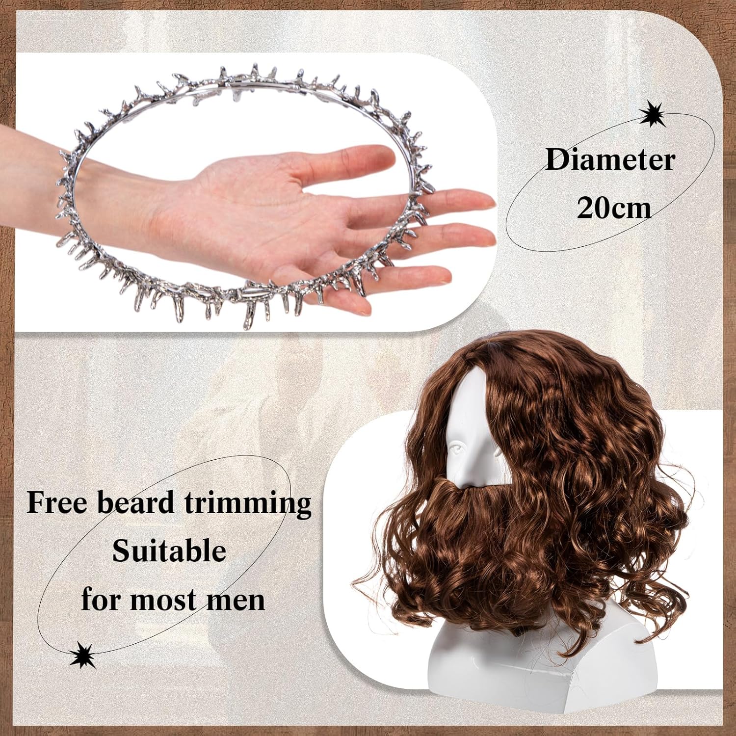 Halloween Sage Costume Set with Robe Wig Beard Thorn Headdress Cross Necklace for Men Shepherd Costume - Image 2