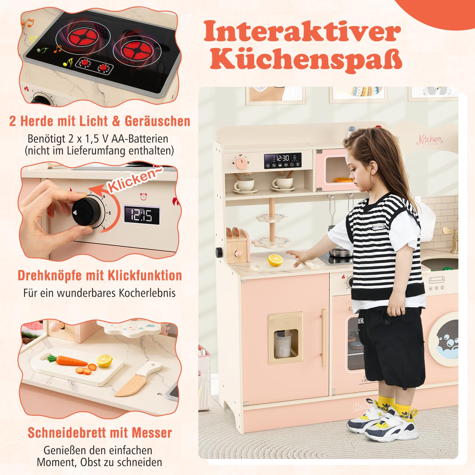 COSTWAY Kuchnia dziecięca, kuchnia do zabawy z 22 akcesoriami, drewniana kuchnia z kuchenką, kranem, kuchenką mikrofalową, ekspresem do kawy, tosterem i dozownikiem lodu, światło i dźwięk, kuchnia
