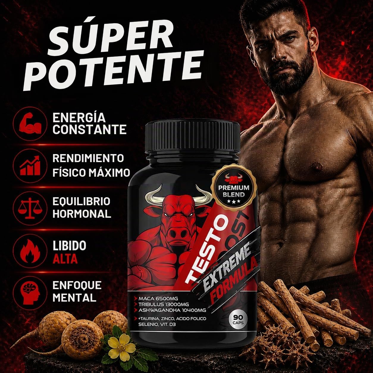 Potenciador testosterona. Para desatar la líbido natural. Testo Boost Potenciador + Masa muscular + Fuerza + Energía + Resistencia.