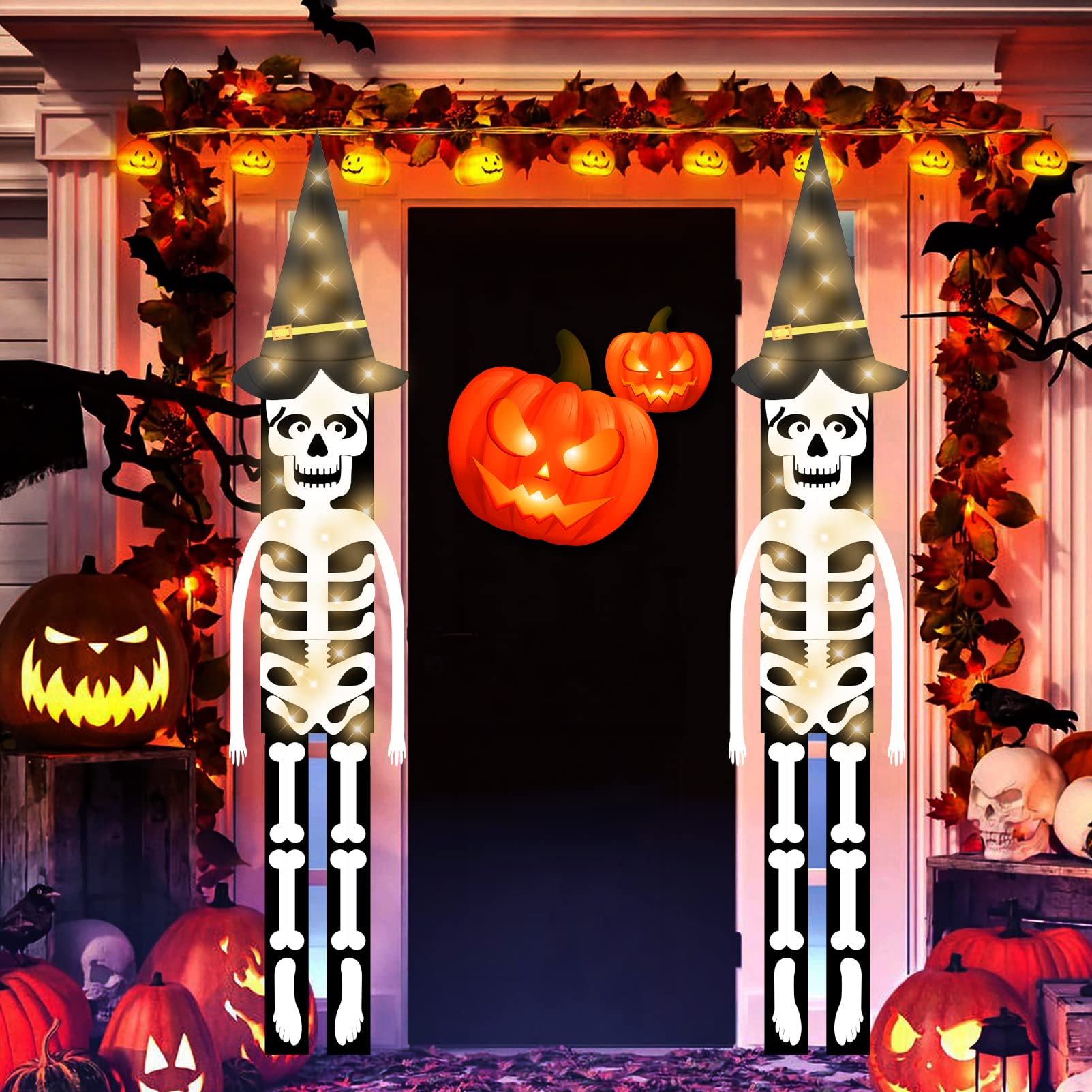 Photo 1 of 2PCS Halloween Decorations Outdoor Skeleton Windsock Hanging Flags Decor with LED Light, Glowing Witch Hat Windsock Flag for Yard Tree Garden (black)