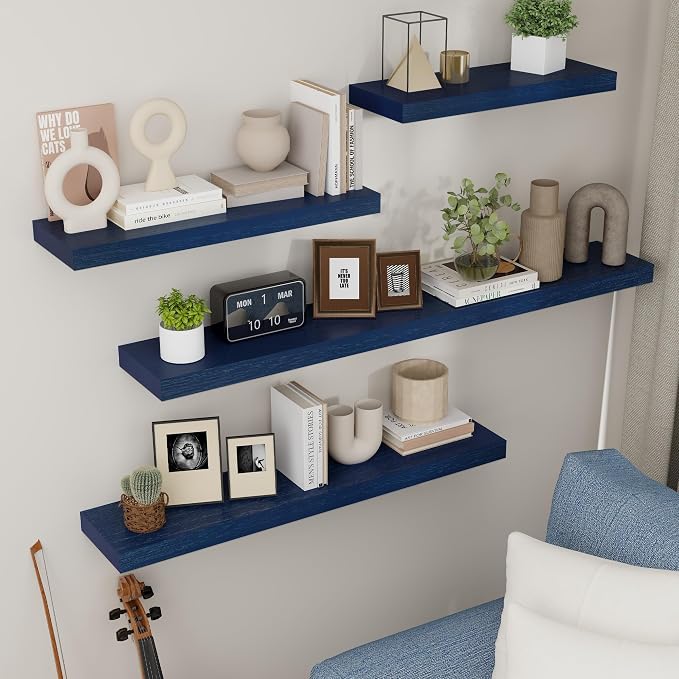 Dark Blue Floating Shelves 48 Inch, Solid Wooden Wall Shelves Set of 2, Rustic Floating Wall Shelves for Decor & Storage for Living Room Bedroom Bathroom