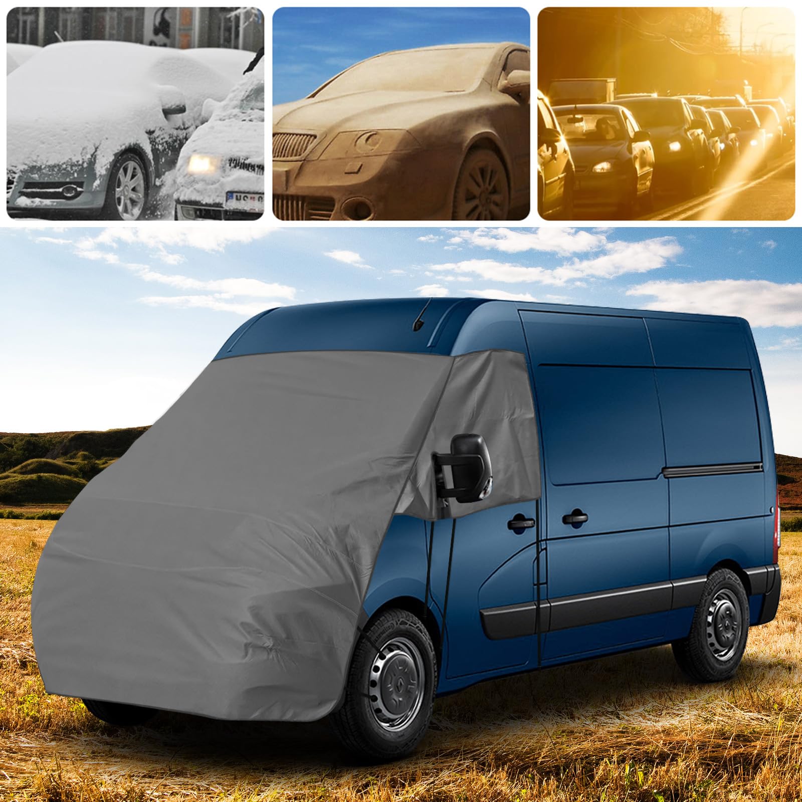 Copertura Parabrezza Camper per Renault Master Nissan NV400 Interstar Opel Movano, 420D Telo Copri Parabrezza Camper con 10 Bande e Magneti per Protezione da Ghiaccio, Neve e Sole