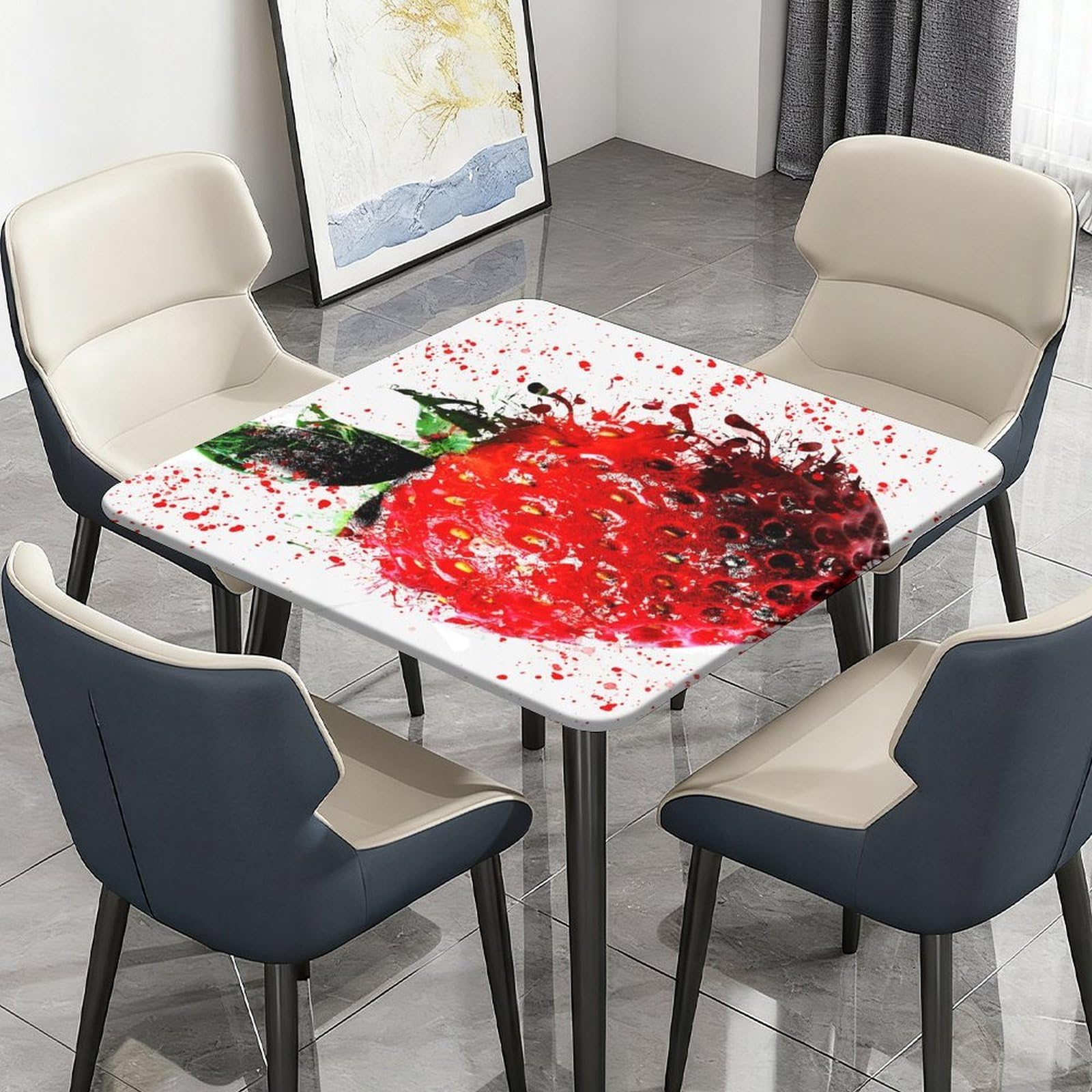 Waterproof Table Cloth Wipe Clean, Elastic Edged Fitted Square Tablecloth, Washable Table Cover for Kitchen Outdoor Dining Garden Picnic, 3D Fruit (Strawberry,90cm)