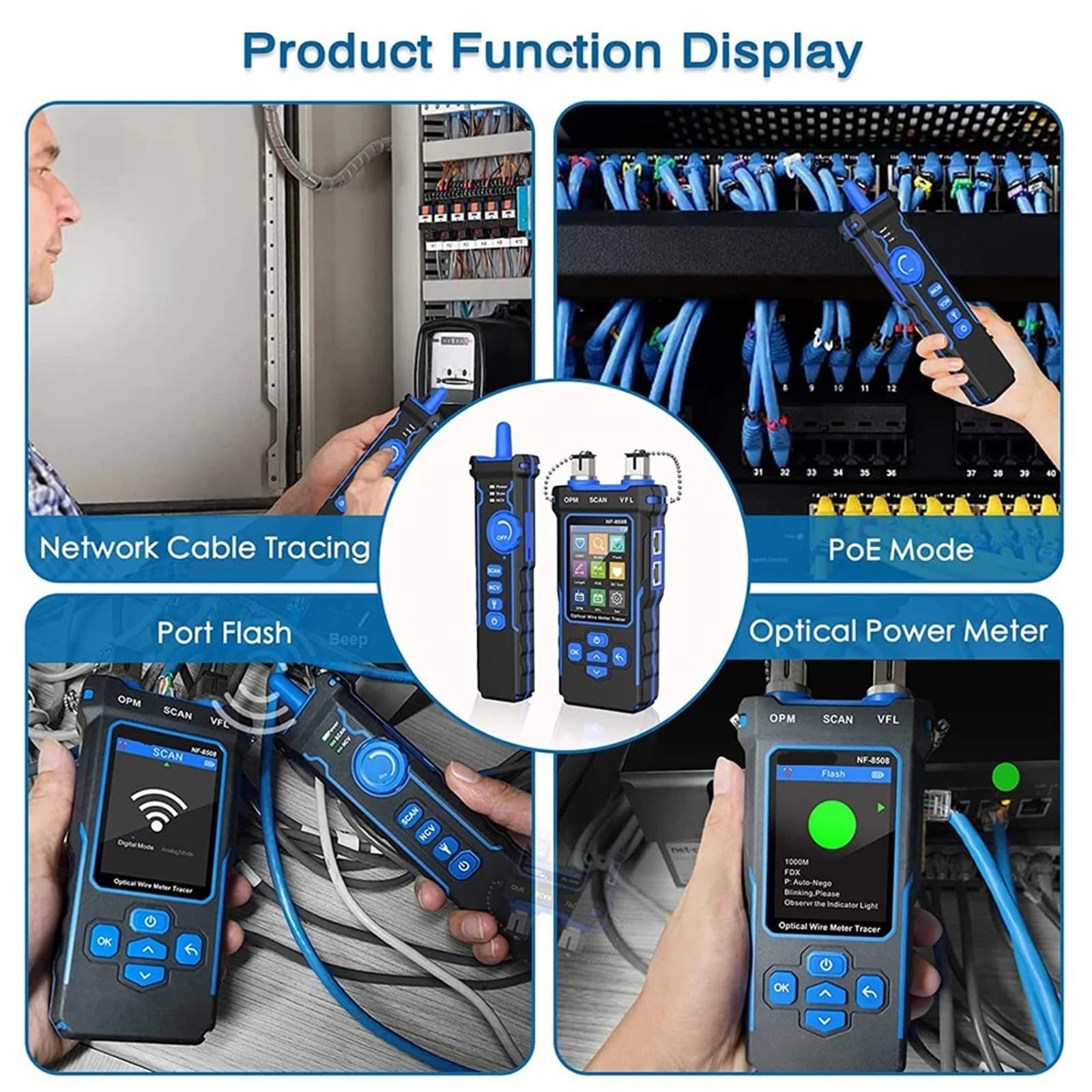 Tester per cavi di rete, Tester Per Cavi Di Rete, Monitor Con Display LCD, Strumenti, Misurazione Della Lunghezza, Mappatura, Misuratore Potenza Ottica PoE