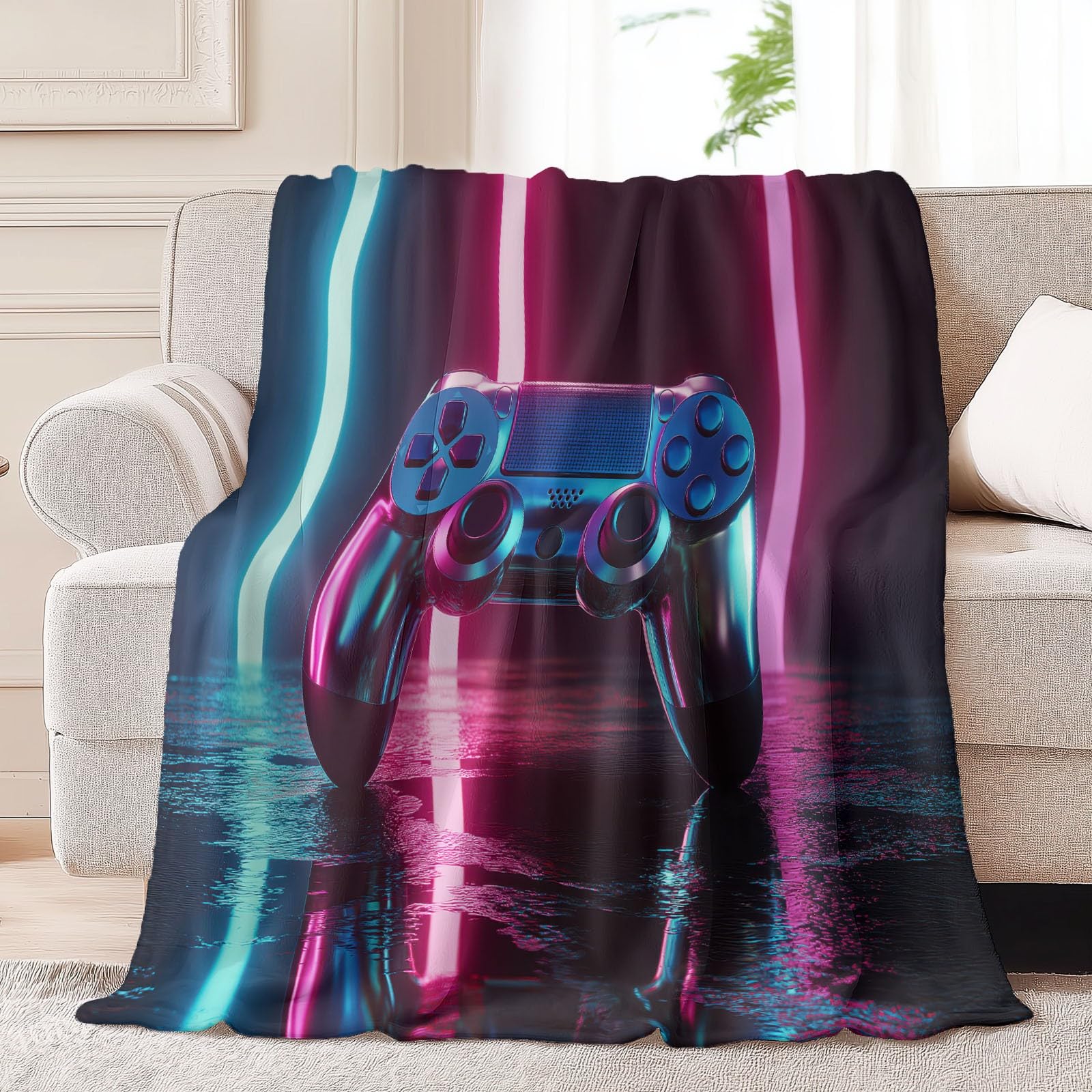 Koc do gier wideo 150 x 200 cm, koc polarowy 3D Neonowy gamepad na sofę i w podróż, lekkie hipoalergiczne koce, czarne, dla dziewcząt, kobiet dorosłych