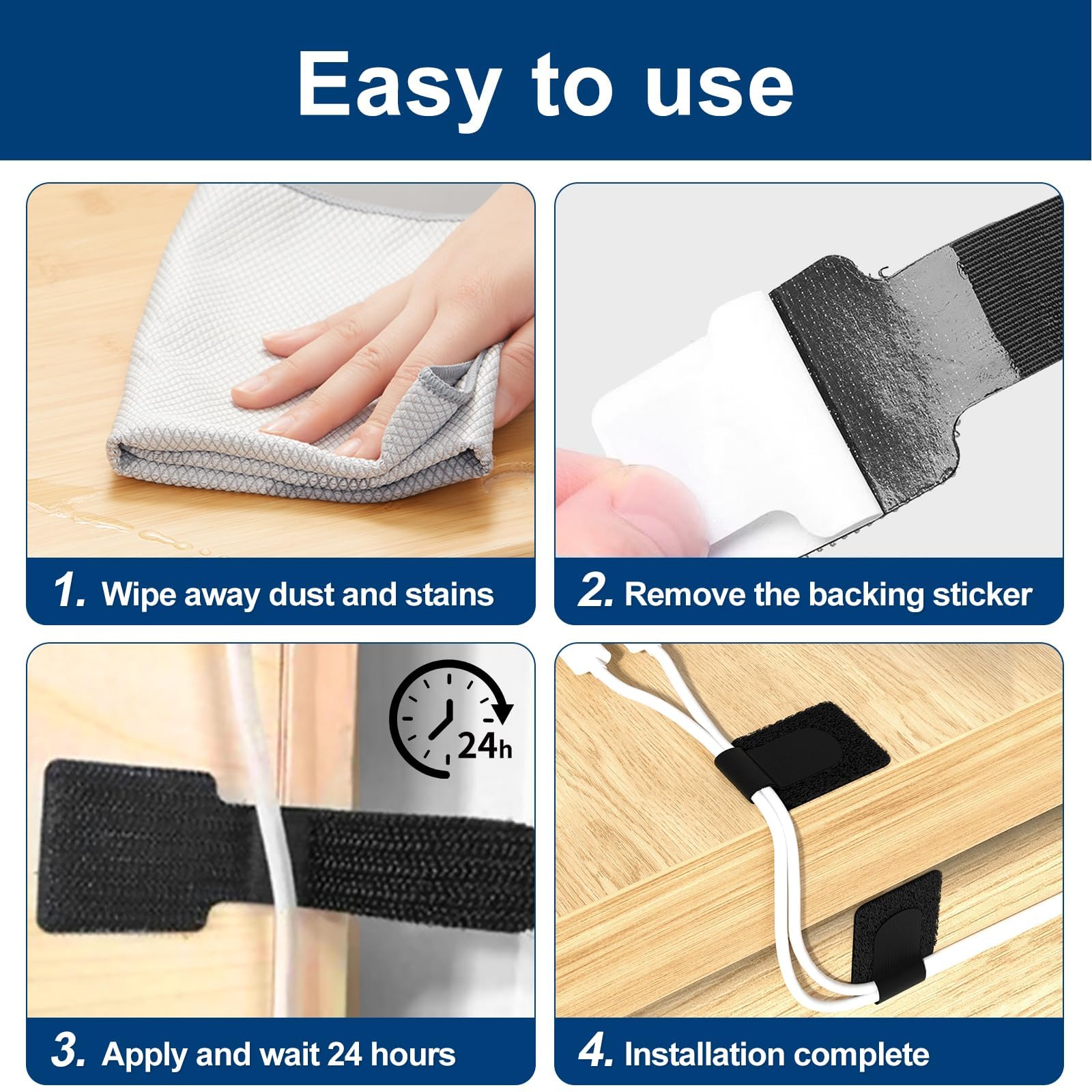 Redamancy Organizador de Cables para Escritorio, 60 Unidades Tiras Reutilizables con Pegamento Ultra Fuerte, Solución Antienredos para Oficina y Hogar — view 4