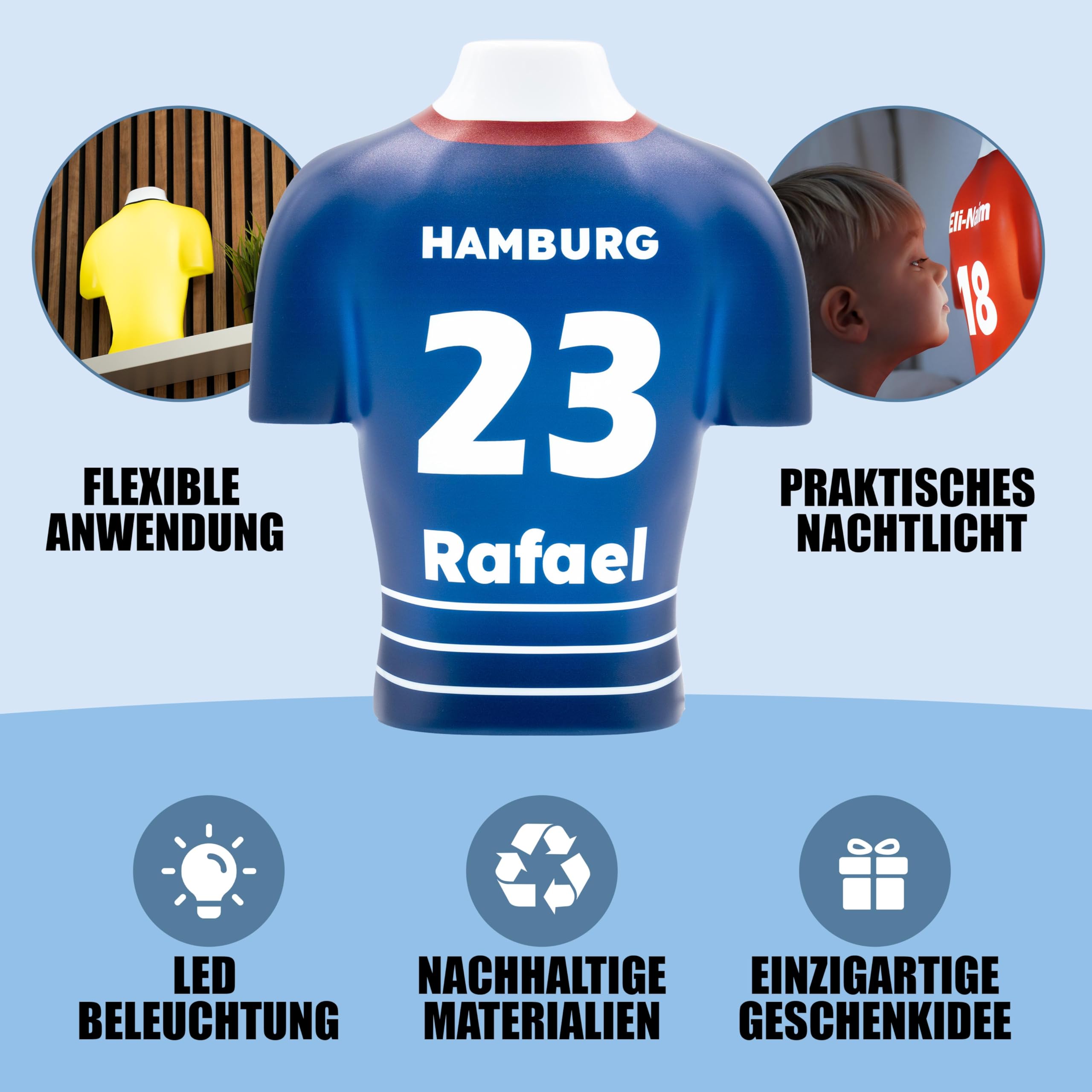 Fussball Trikot Lampe mit Namen – LED Nachtlicht Kinder, personalisierte Geschenke für Männer, Einzigartige Wanddeko für Fussball-Fans, Fußball Sachen für Jungen [Blau-Weiß | 25x30 cm]
