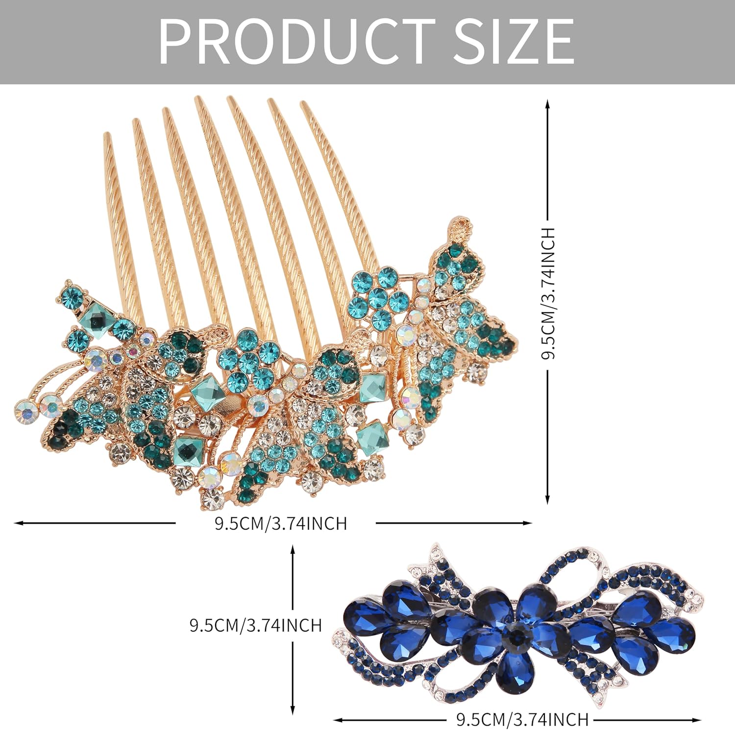 2PCS Rhinestone Flower Hair Barrette Clip and Hair Comb, Dark Blue Metal Hair Jewelry Accessories, Sparkly Glitter Hair Pins for Women and Girls - Image 2