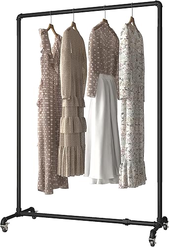 Miniatura 1 de HOMEKAYT Estante de ropa de tubería industrial sobre ruedas Estantes de ropa de servicio pesado Estante rústico para el hogar, estante de exhibición