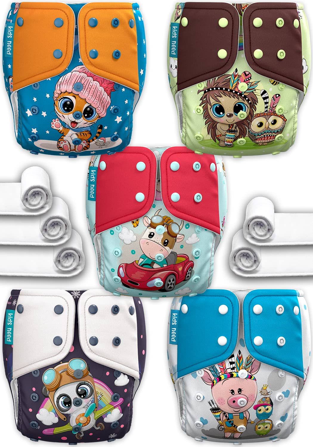 kids need side leakage proof cloth diapers for babies 0 to 3 years combo pack high absorbent 5 reusable diaper cover 5 insert pad (5-18kg) Adjustable free size washable pocket diaper 46