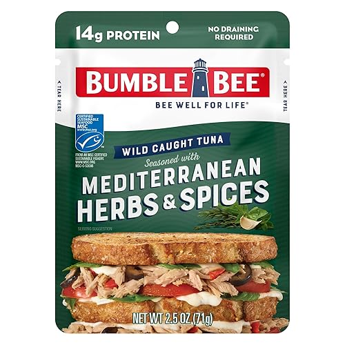 Bumble Bee Atún mediterráneo de hierbas y especias, bolsa de 2.5 onzas, listo para comer, capturado en la naturaleza, 0.56 oz de proteína por