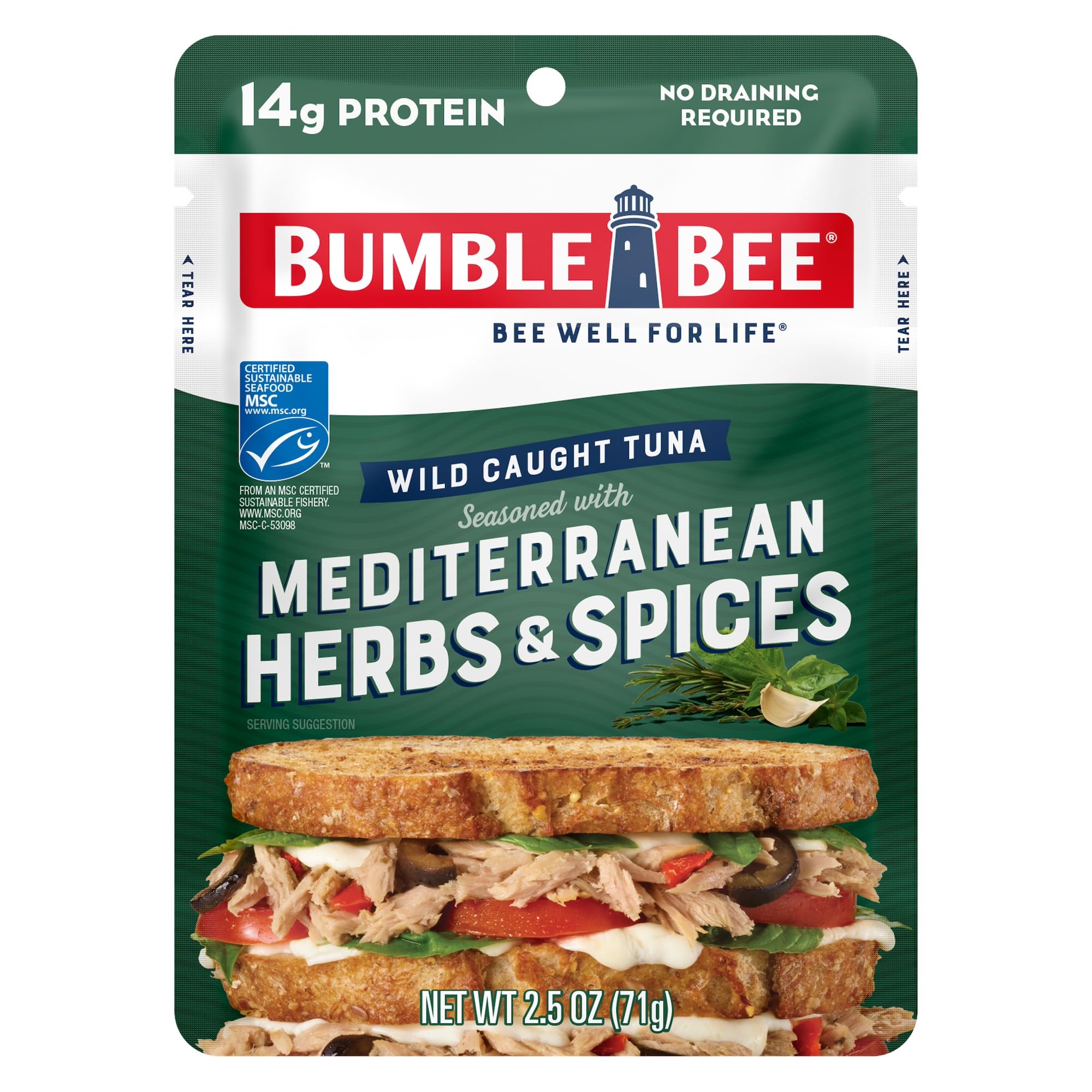 Bumble Bee Mediterranean Herbs & Spices Seasoned Tuna, 2.5 oz Pouch - Ready to Eat - Wild Caught Tuna Packet - 14g Protein per Serving - Gluten Free