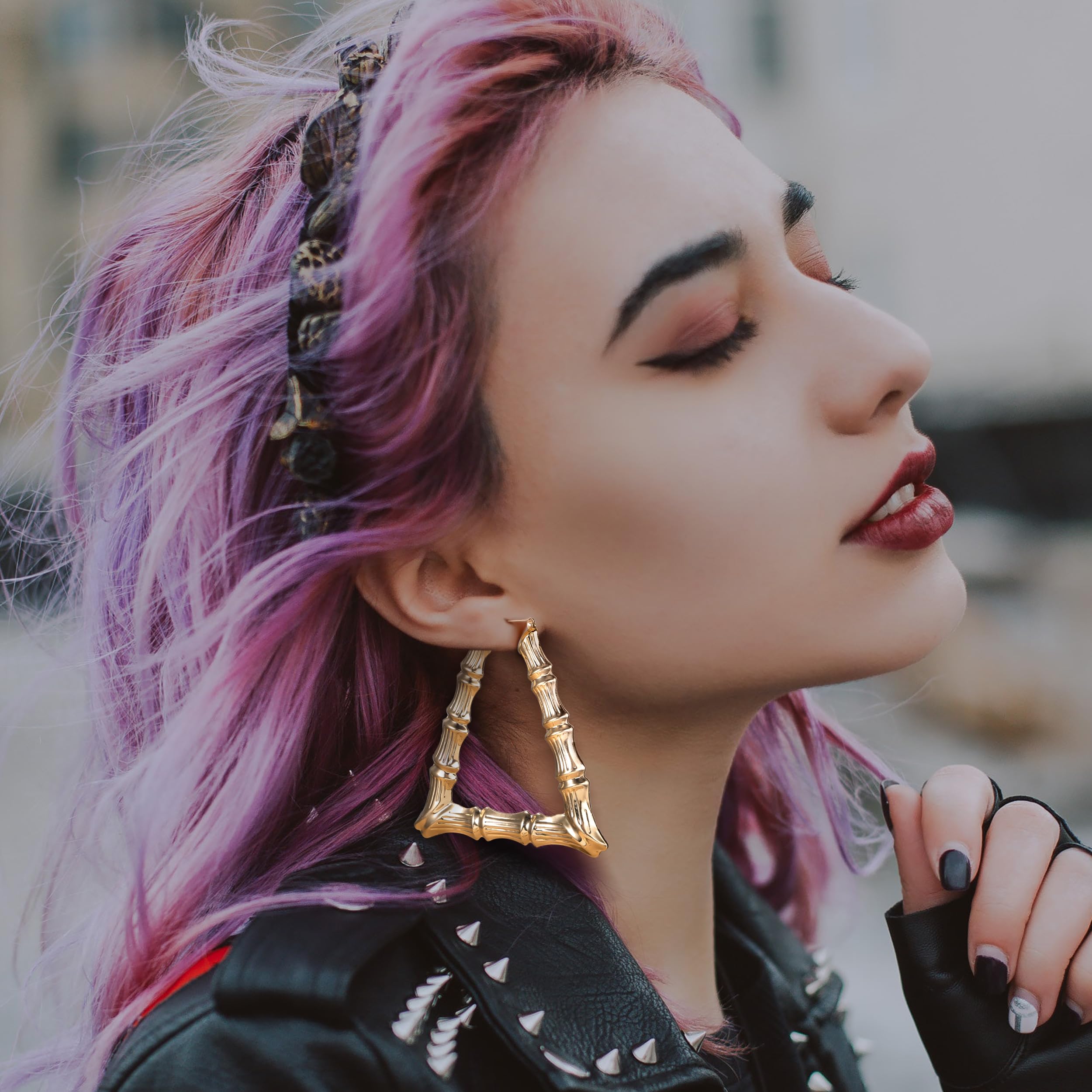 Aretes de aro de bambú para mujer, aretes grandes chapados en oro de 14 quilates, aretes de bambú de los años 80 y 90 para mujer, aretes grandes de gran tamaño, chapados en oro de 14 quilates 3