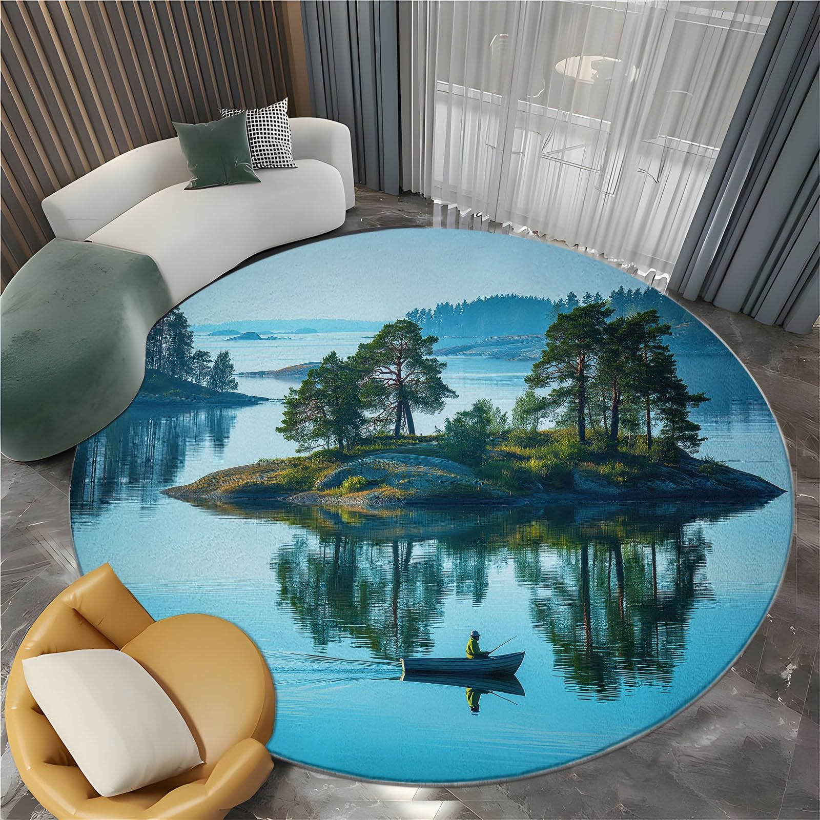 Pescador en una isla aislada alfombra de salón redonda 120 cm alfombra interior, paisaje natural, alfombra antideslizante suave y esponjosa para comedor, dormitorio, sofá o sala de juegos, habitación