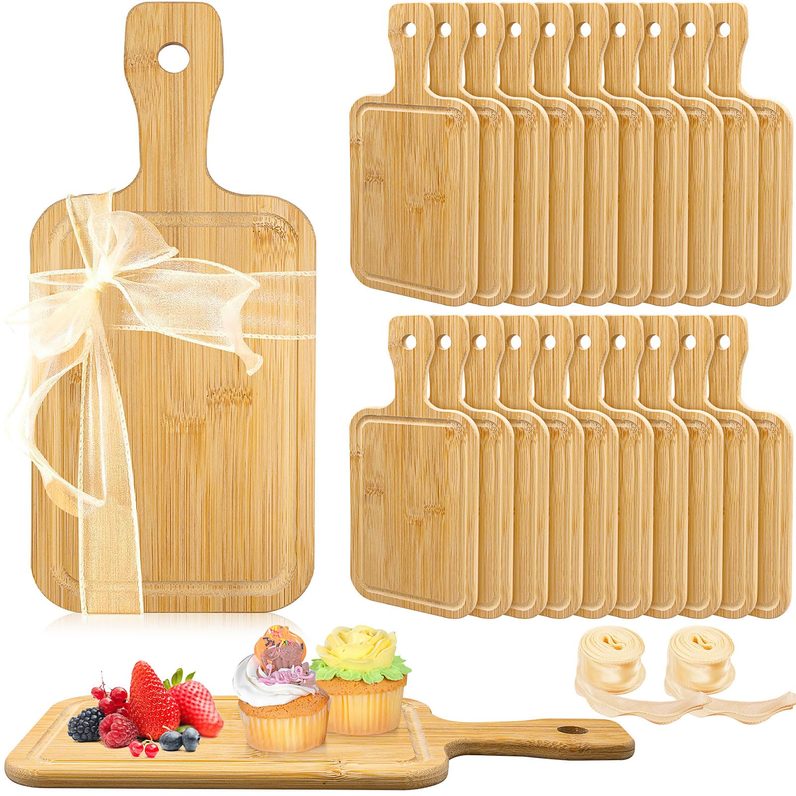 Lot de 20 planches à découper en bois avec poignée - Plateau décoratif pour charcuterie, pizza, pain, fromage, fruits, comptoir de cuisine, décoration de Noël (28 x 12,7 cm)