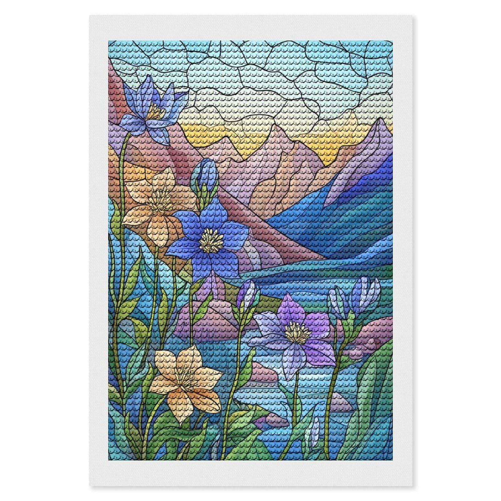 Junmoney Mountain Flowers Stained Glass Diamond Art Canvas 8"x12", Easy to Follow Symbols, Finish and Display, Fun Craft Experience, Aesthetic Room Decor