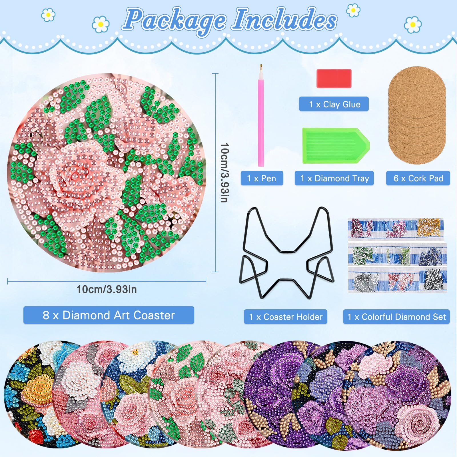 MOGTAA Colorful Rose Diamond Painting Coasters Kit with Holder - Image 2