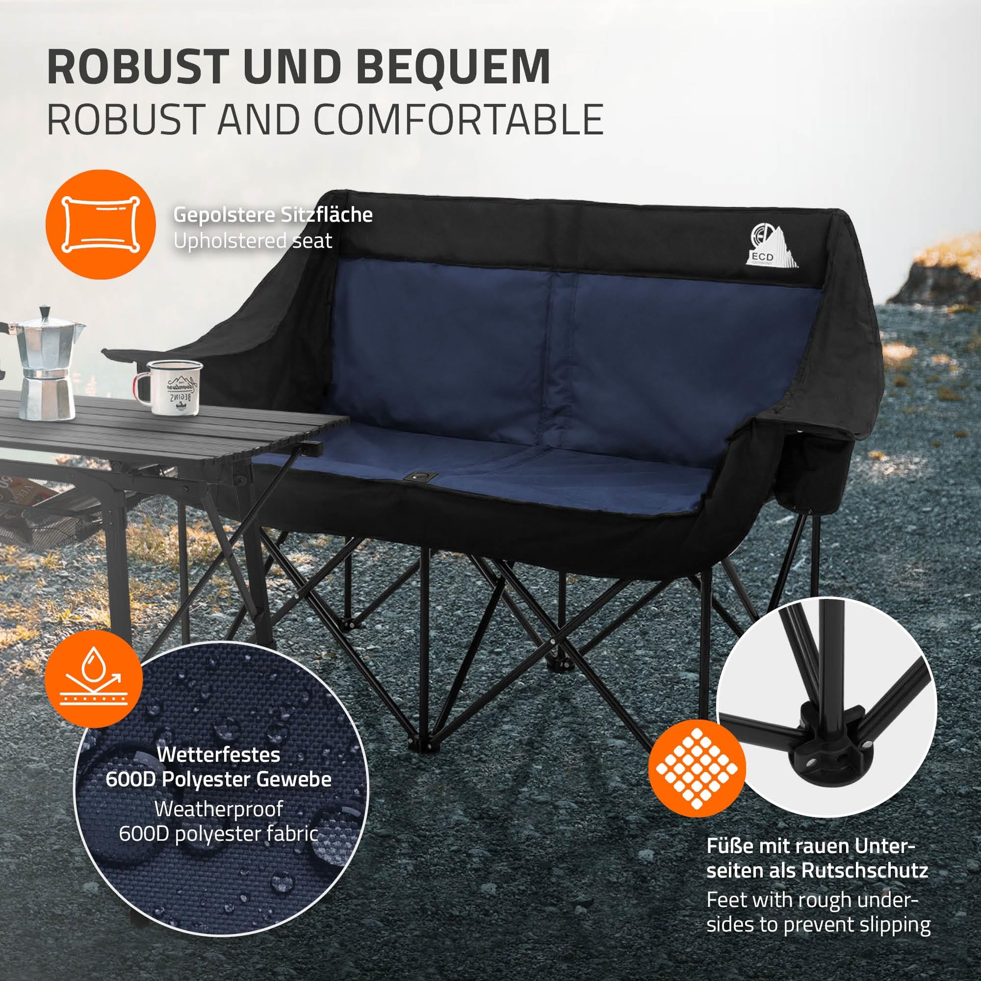 ECD Germany Campingstuhl faltbar für 2 Personen, Campingsofa klappbar 2-Sitzer, Doppel Klappstuhl mit Stahlgestell, Faltsofa gepolstert, Campingcouch stabil für Outdoor Camping und Angeln, Blau/Khaki