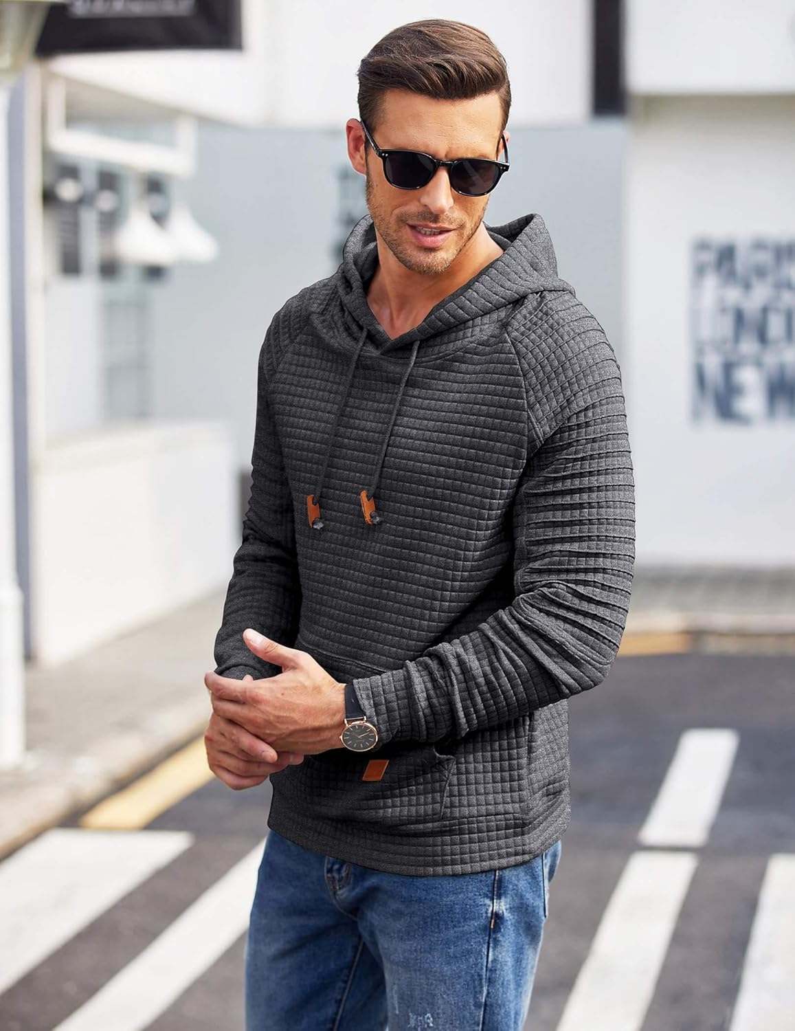 COOFANDY Mens Hoodies Pullover Casaul Long Sleeve Drawstring Waffle Knit Hooded Sweatshirt with Kanga Pocket - Image 3